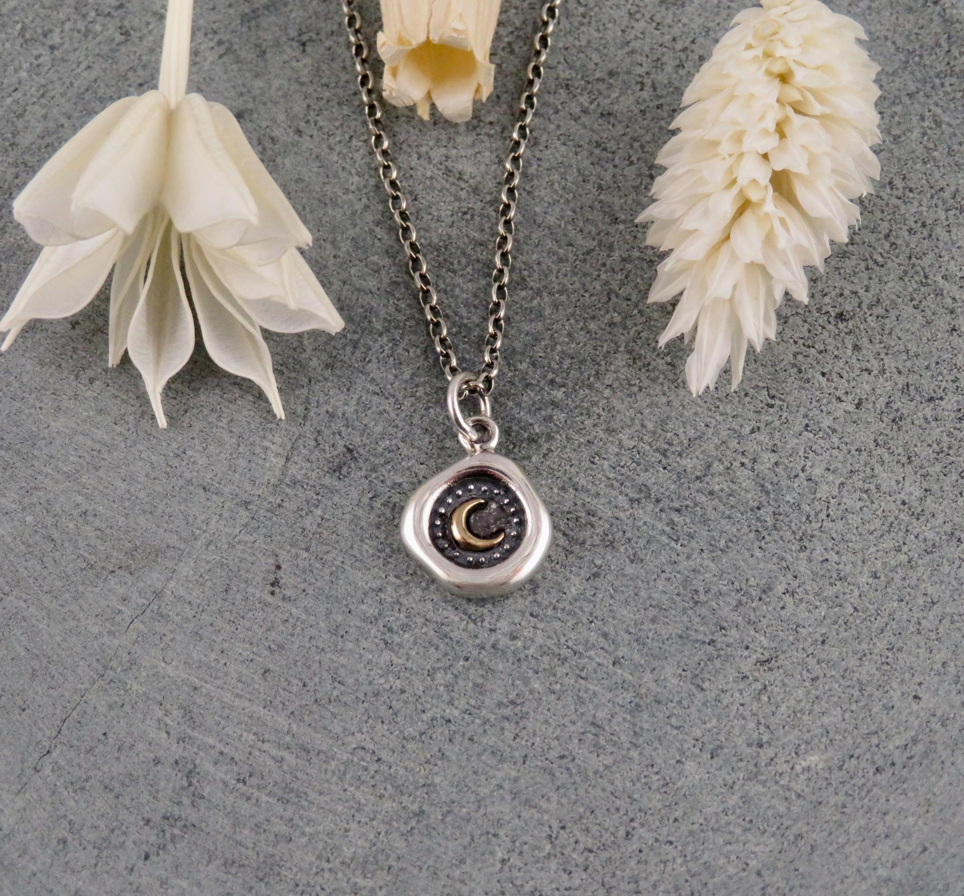 Sterling Moon Necklace | Rustic Moon Necklace | Silver Gold Wax Seal | Mixed Metal Moon | Framed Moon Coin