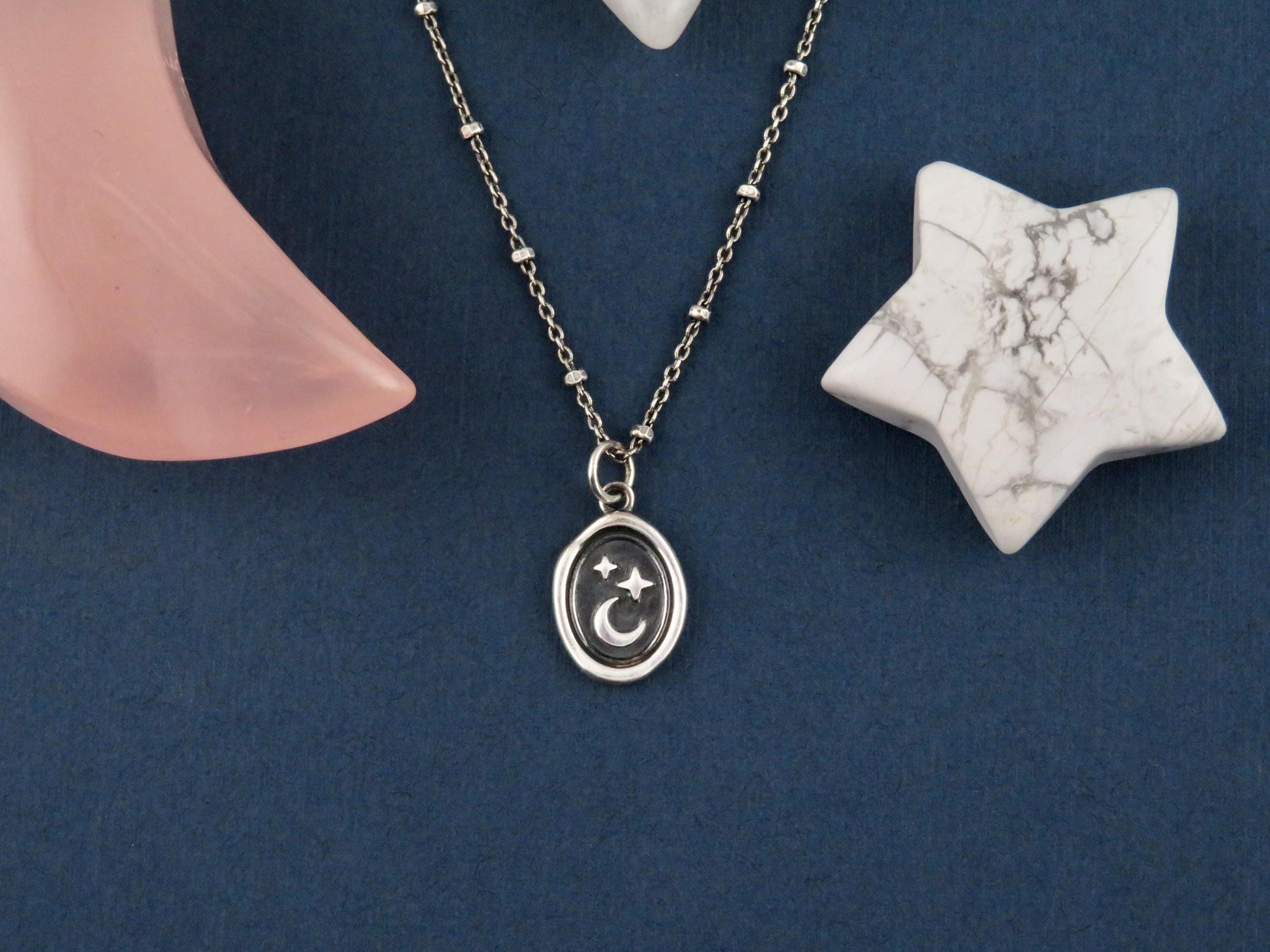 Sterling Celestial Necklace | Silver Stars and Moon Pendant | Celestial Medallion | Imprint Star Moon | Wax Seal Celestial Charm