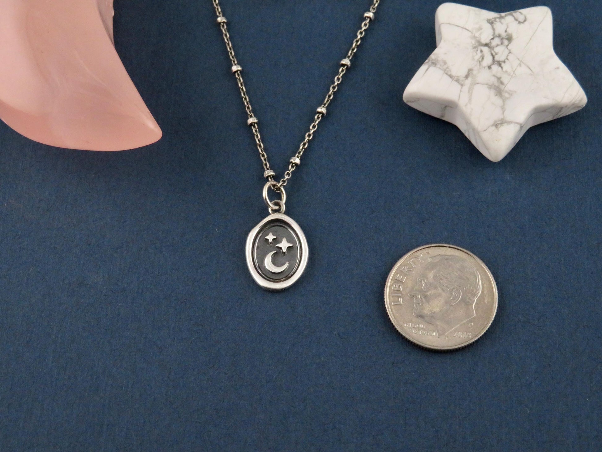 Sterling Celestial Necklace | Silver Stars and Moon Pendant | Celestial Medallion | Imprint Star Moon | Wax Seal Celestial Charm