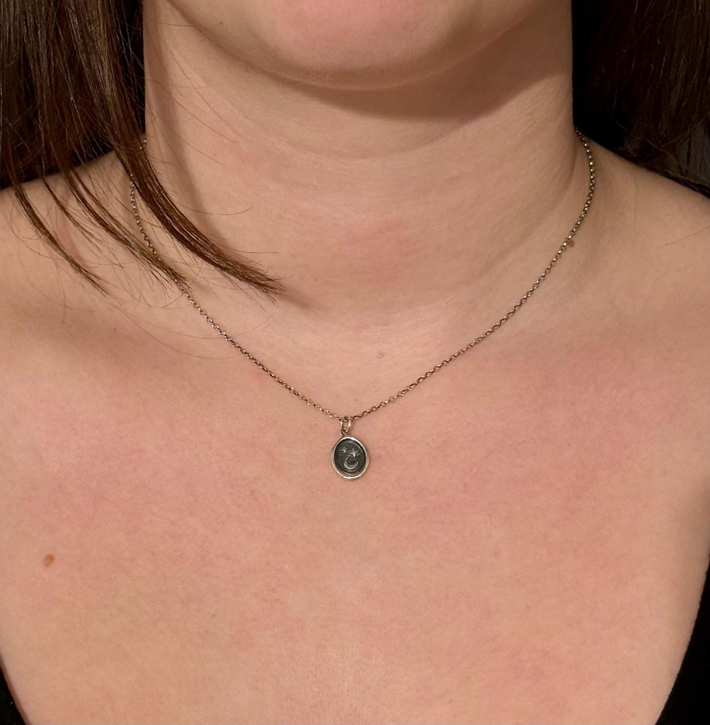Sterling Celestial Necklace | Silver Stars and Moon Pendant | Celestial Medallion | Imprint Star Moon | Wax Seal Celestial Charm
