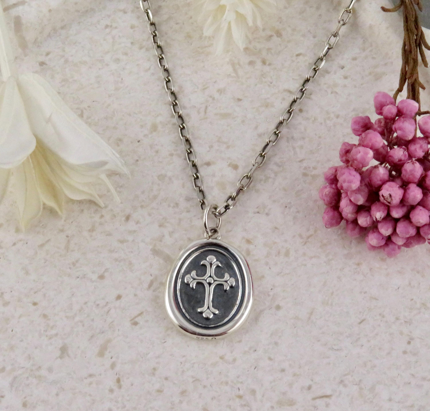 Sterling Cross Medallion | Silver Cross Pendant | Imprint Cross Charm | Wax Seal Cross Necklace | Vintage Style Cross | Unisex Cross