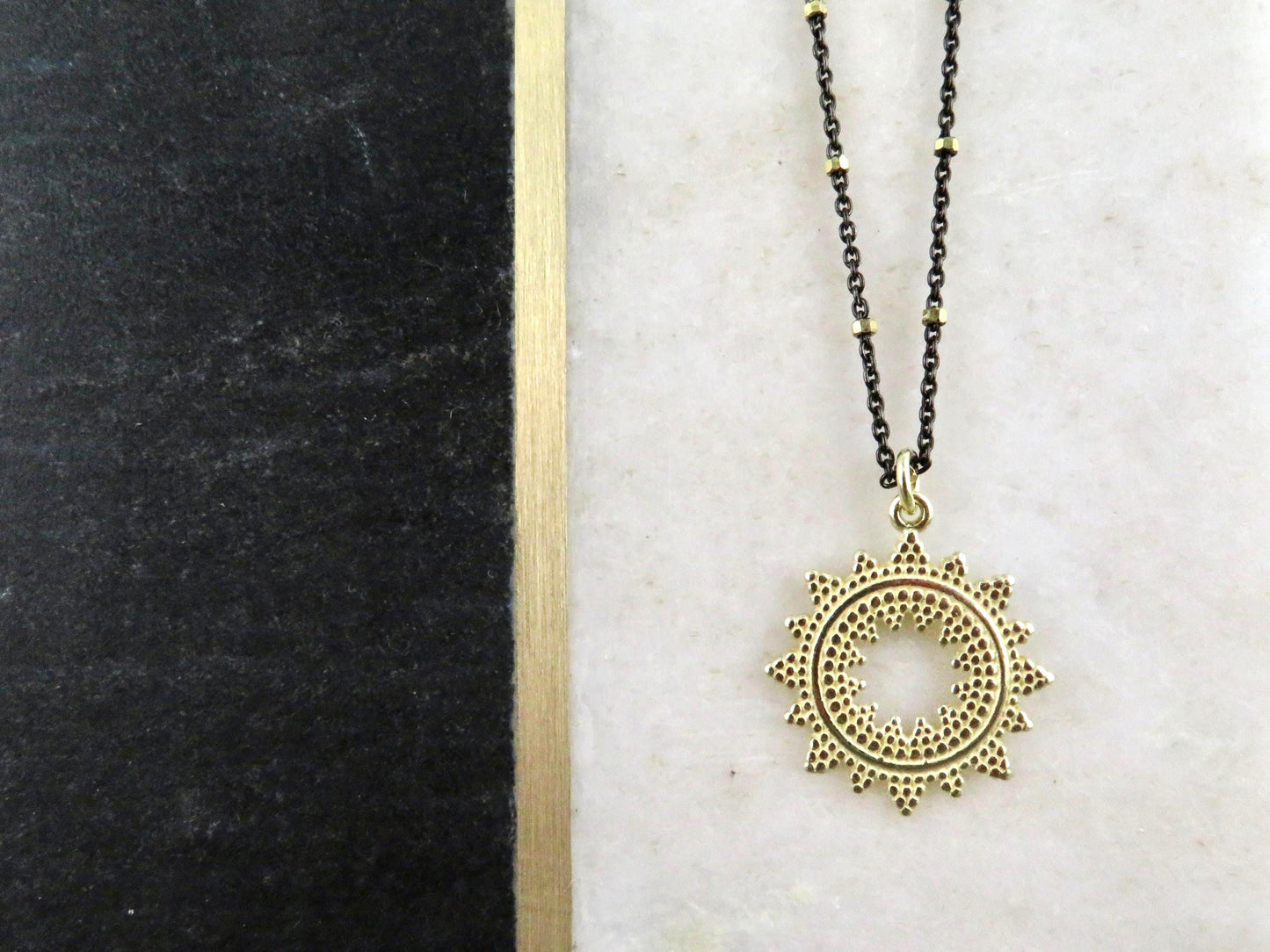 Mixed Metal Starburst Pendant | Gold Sunburst Medallion | Two Toned Geometric Necklace | Contrast Pendant