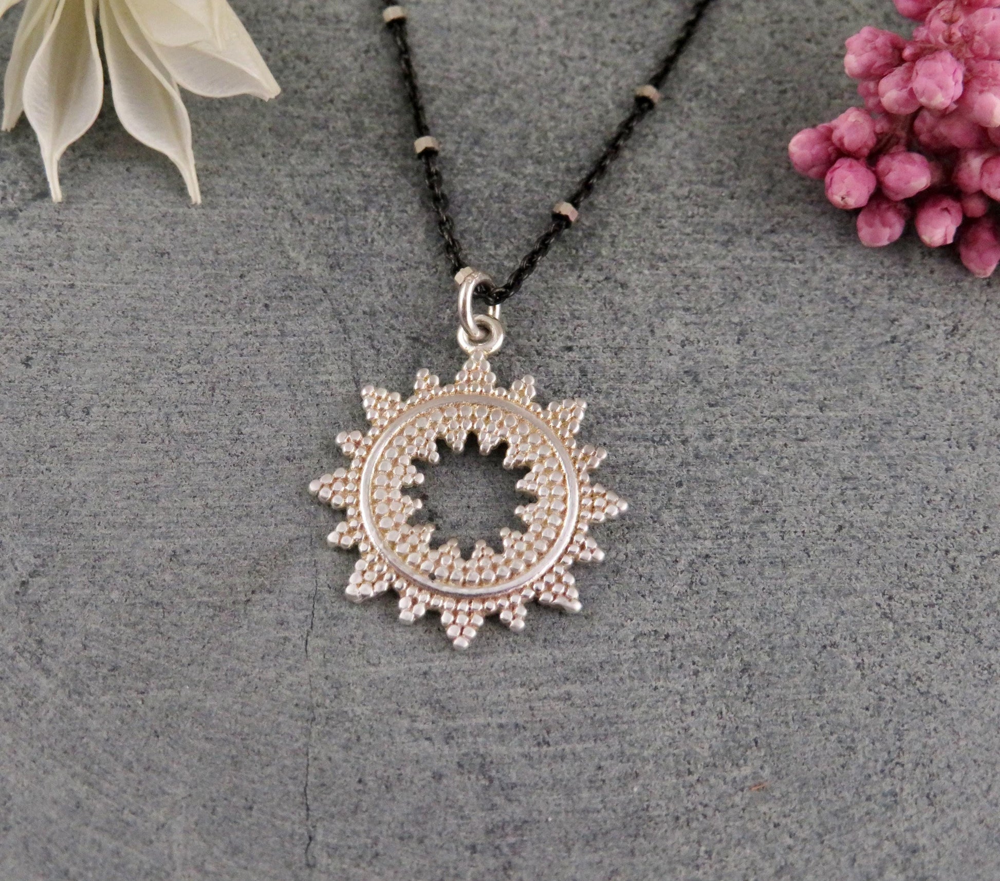 Silver Starburst Pendant | Sterling Sunburst Medallion | Contrast Geometric Necklace | Textures Open Star Pendant