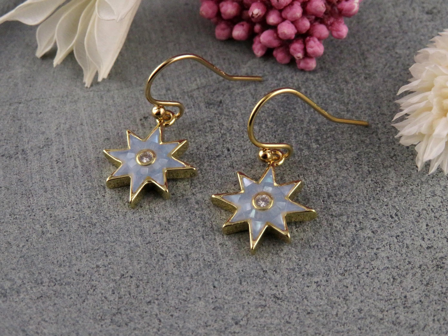 Gold Star Earrings | Mosaic Pearl Earrings | Mother of Pearl Earrings | Blue Pearl Earrings | Opalescent Earrings