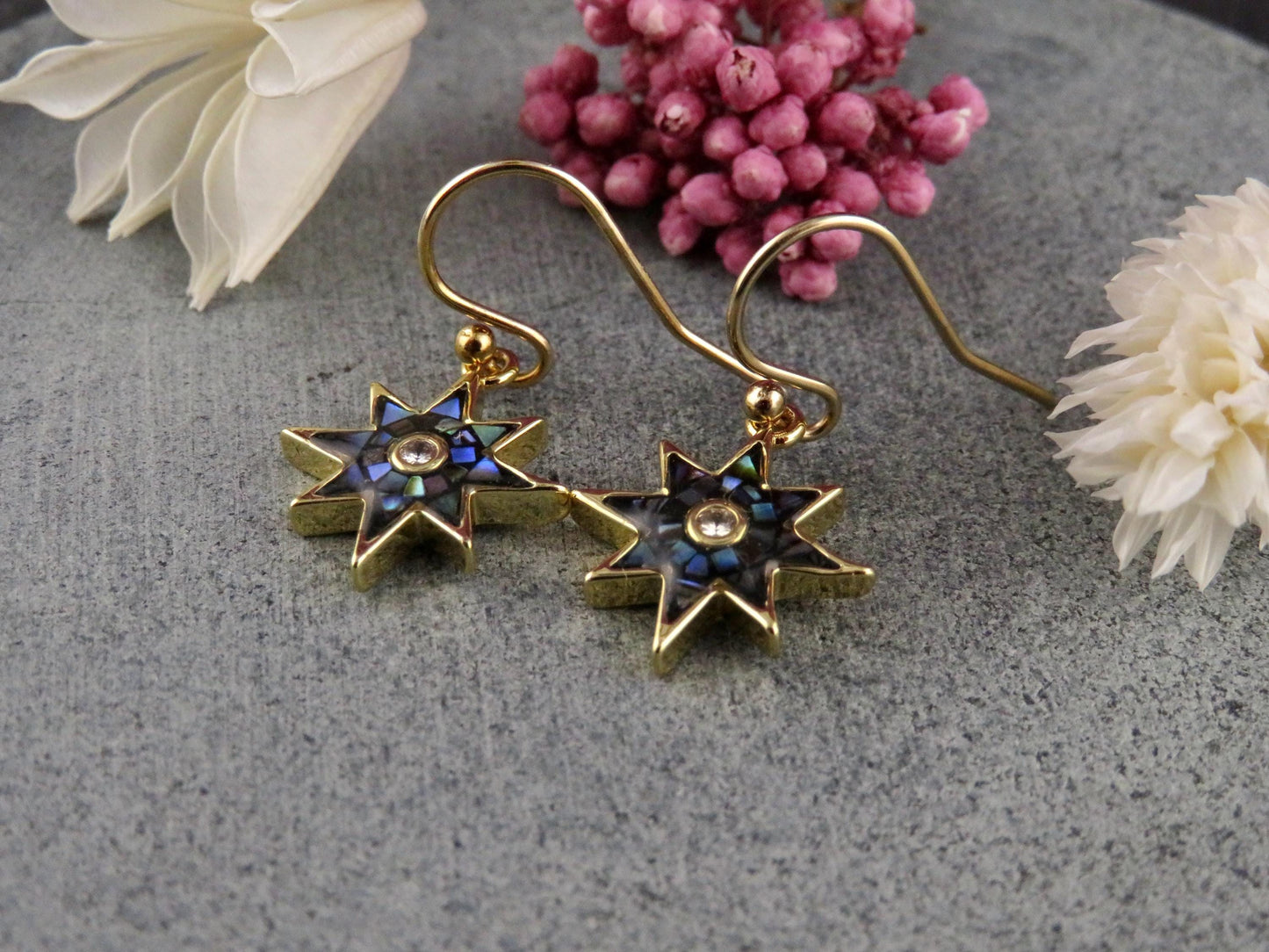 Gold Star Earrings | Mosaic Pearl Earrings | Mother of Pearl Earrings | Blue Pearl Earrings | Opalescent Earrings