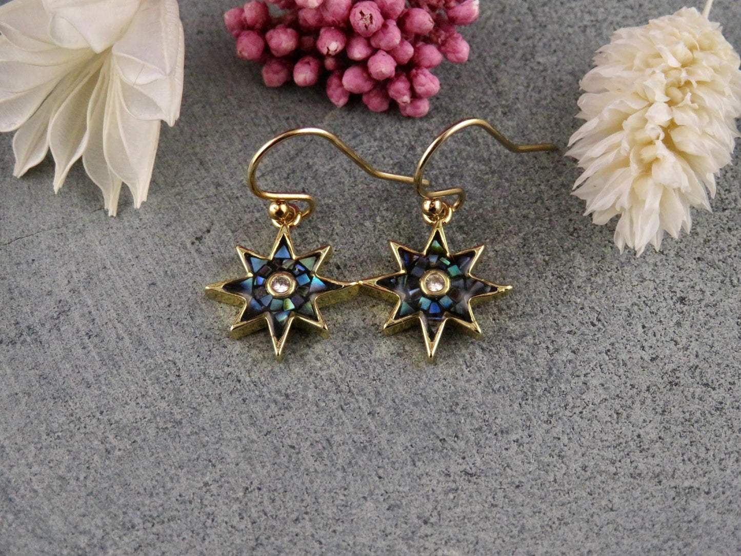 Gold Star Earrings | Mosaic Pearl Earrings | Mother of Pearl Earrings | Blue Pearl Earrings | Opalescent Earrings