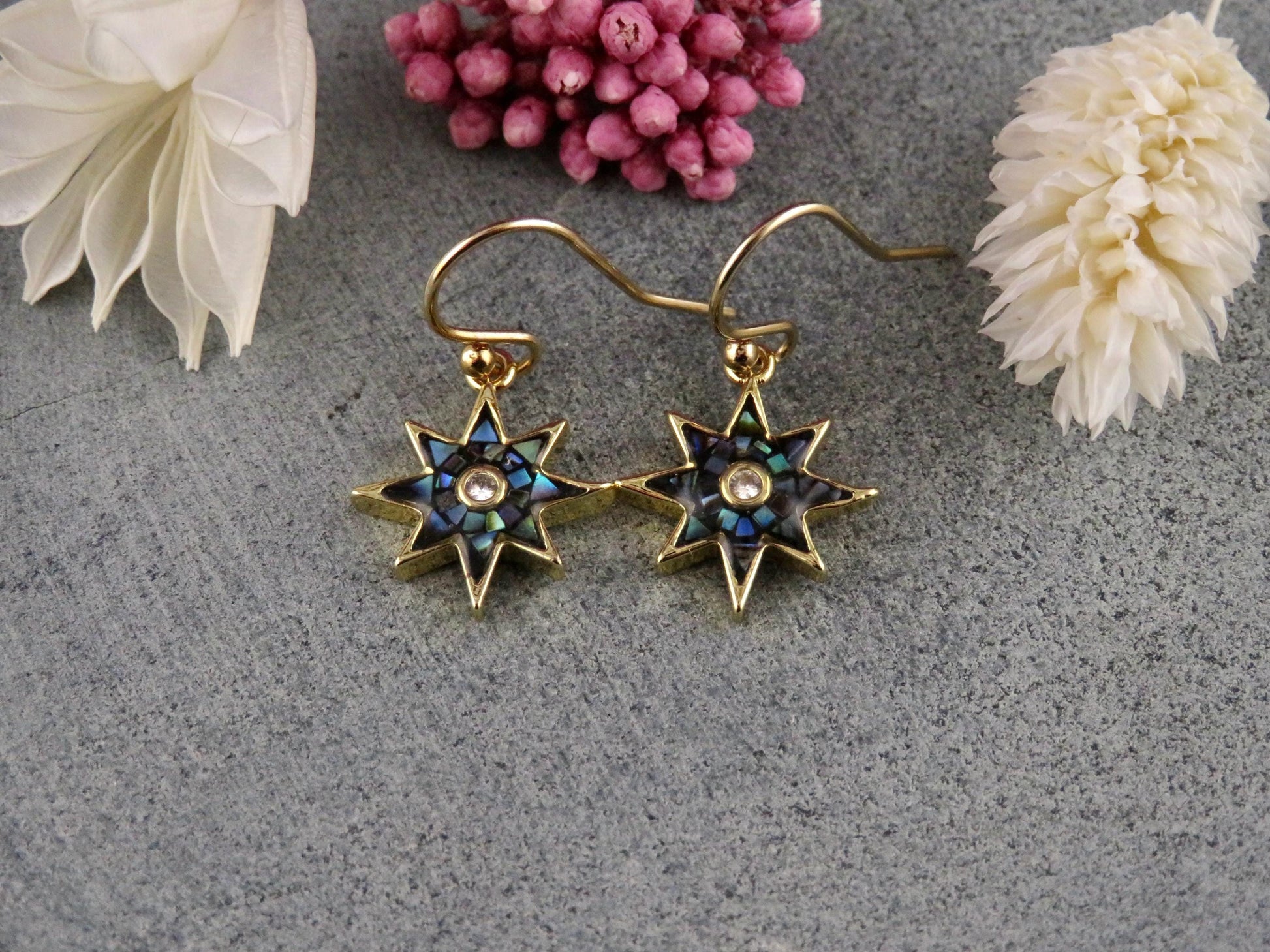 Gold Star Earrings | Mosaic Pearl Earrings | Mother of Pearl Earrings | Blue Pearl Earrings | Opalescent Earrings