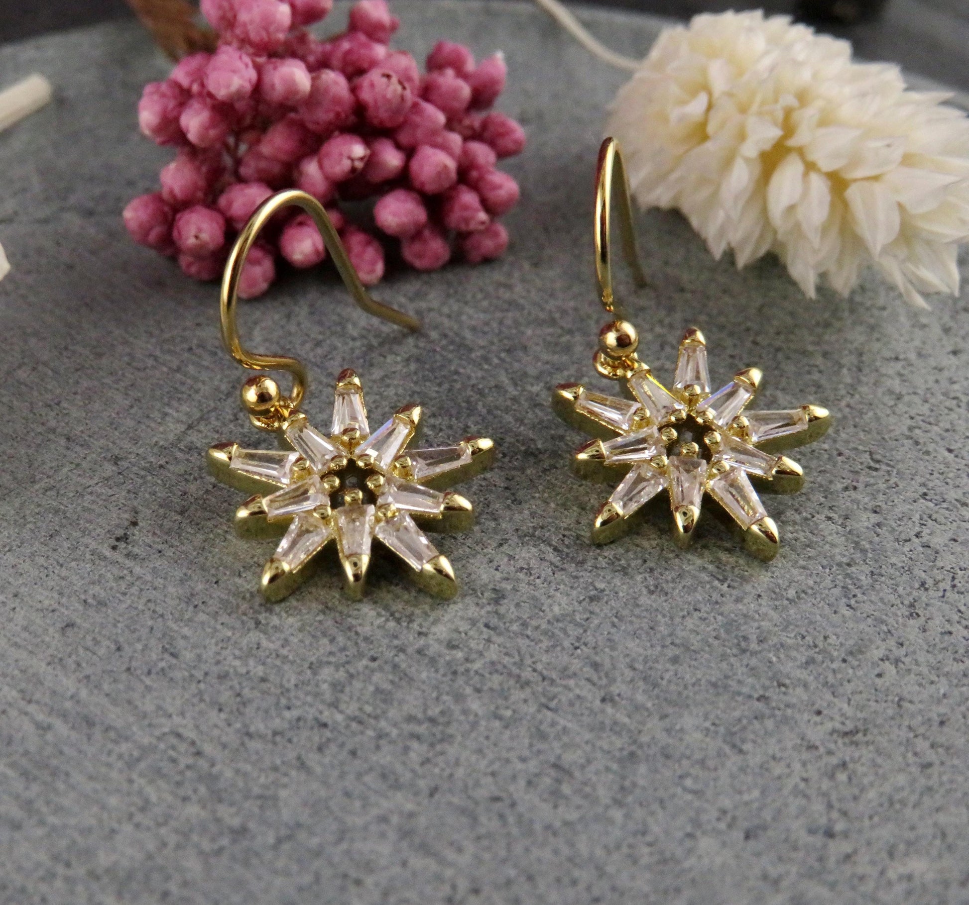 Sparkly Star Earrings | Gold CZ Earrings | Gold Starbursts | Crystal Gold Filled Earrings