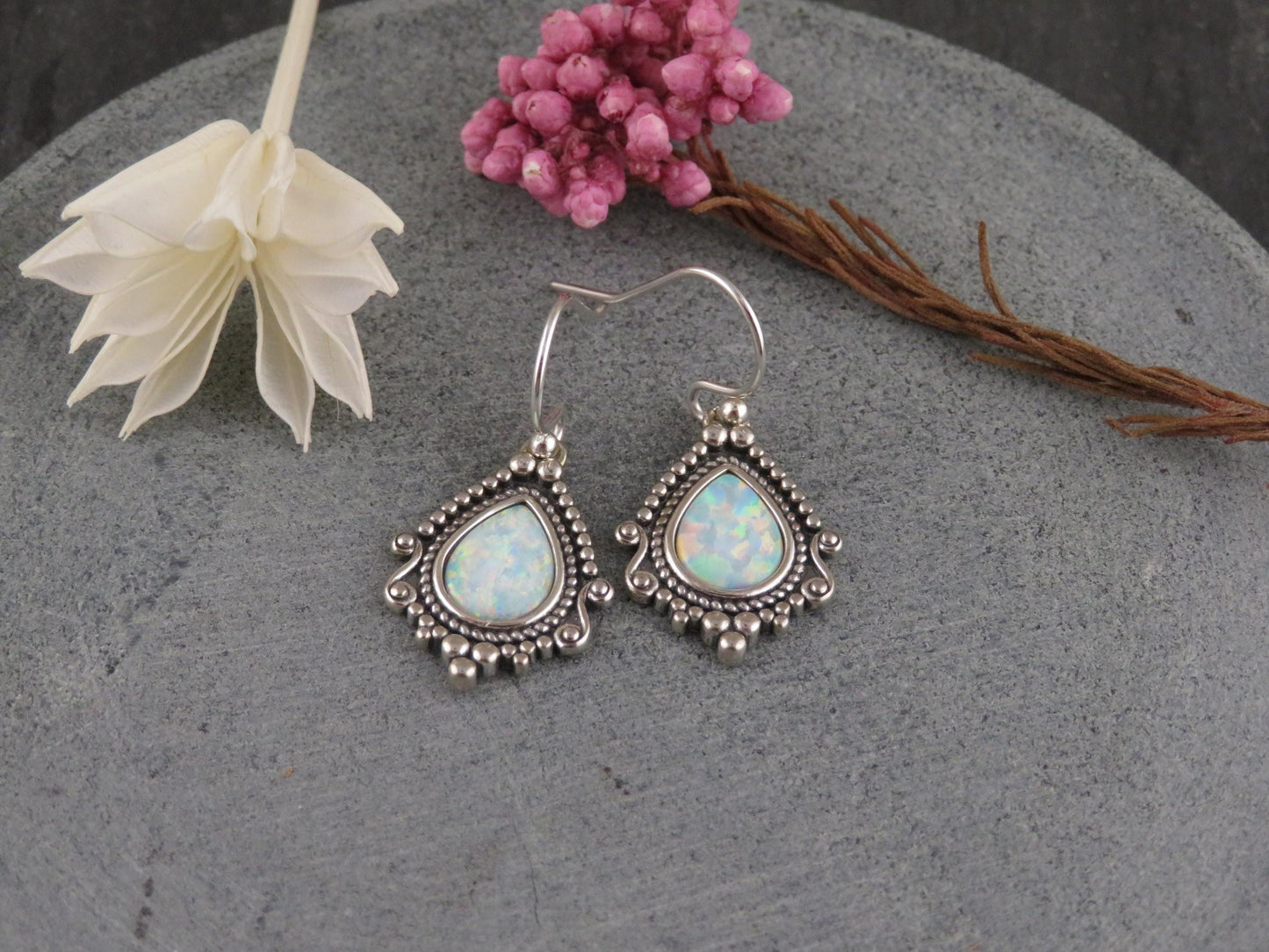 Sterling Opal Earrings | Silver Opal Teardrop Earrings | Detailed Earrings | Sterling Fancy Pendants