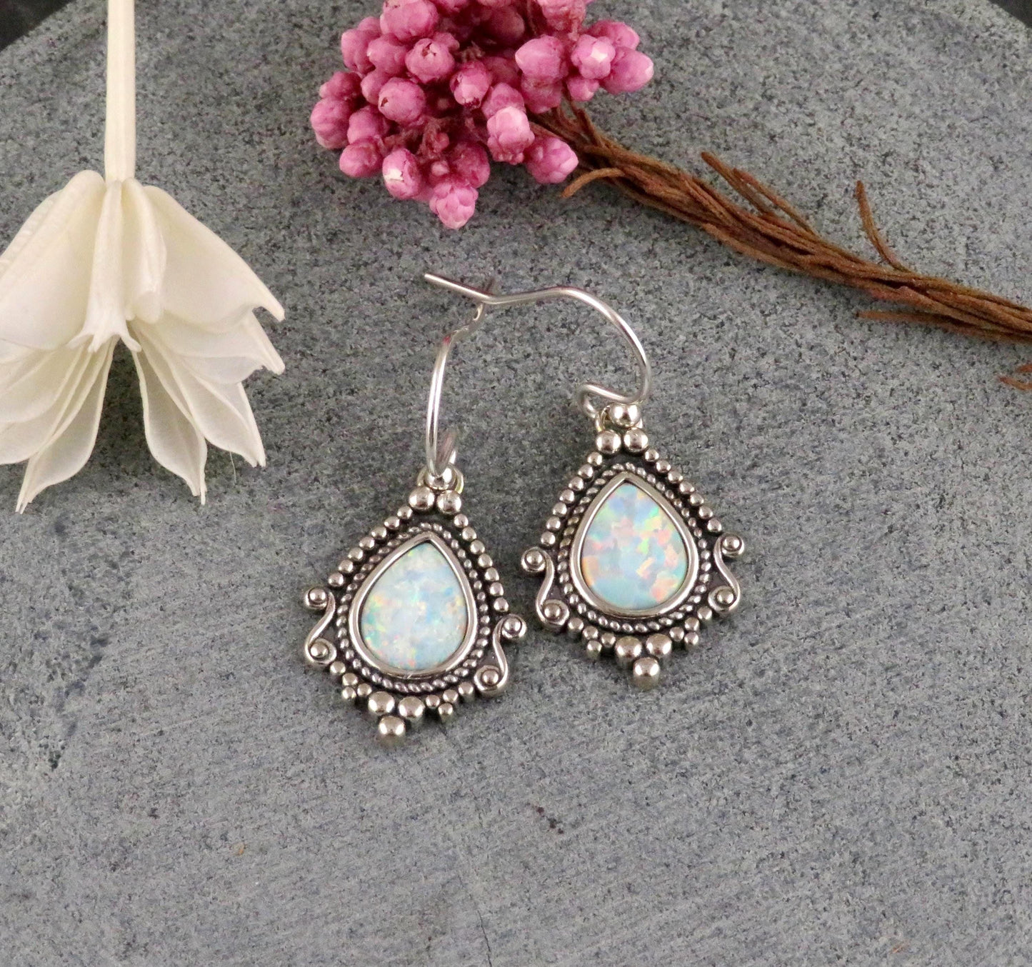 Sterling Opal Earrings | Silver Opal Teardrop Earrings | Detailed Earrings | Sterling Fancy Pendants