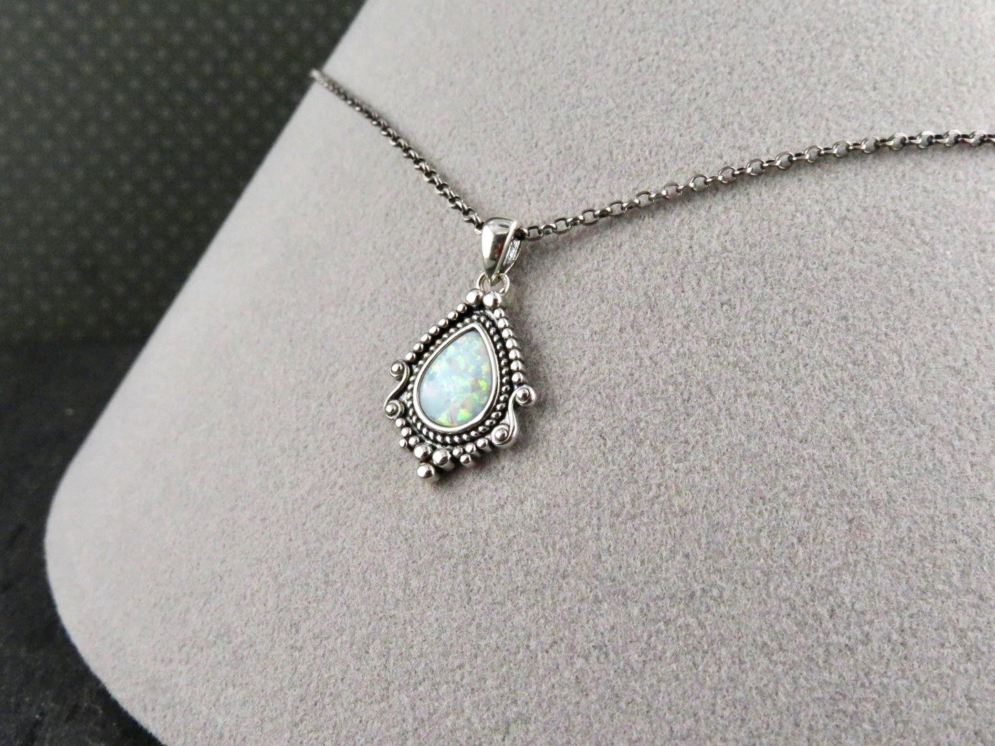 Sterling Opal Necklace | Silver Opal Teardrop Pendant | Detailed Silver Opal | Sterling Fancy Charm Necklace