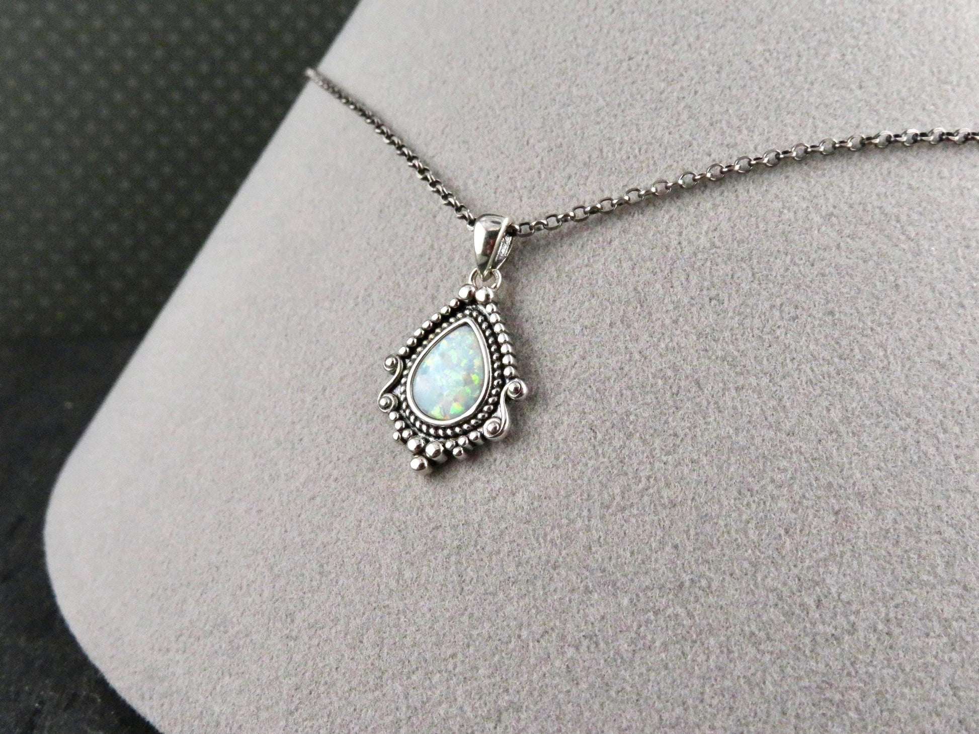 Sterling Opal Necklace | Silver Opal Teardrop Pendant | Detailed Silver Opal | Sterling Fancy Charm Necklace