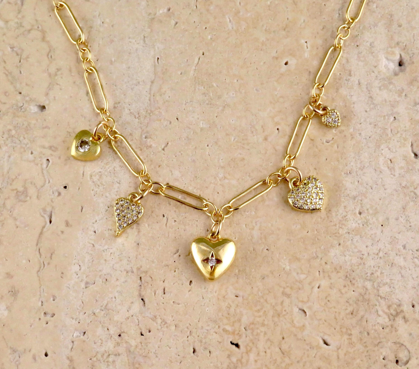Multi Heart Necklace | Gold Sweet Heart Charm Necklace | Five Hearts Necklace | Minimal Gold Hearts | Gold CZ Hearts