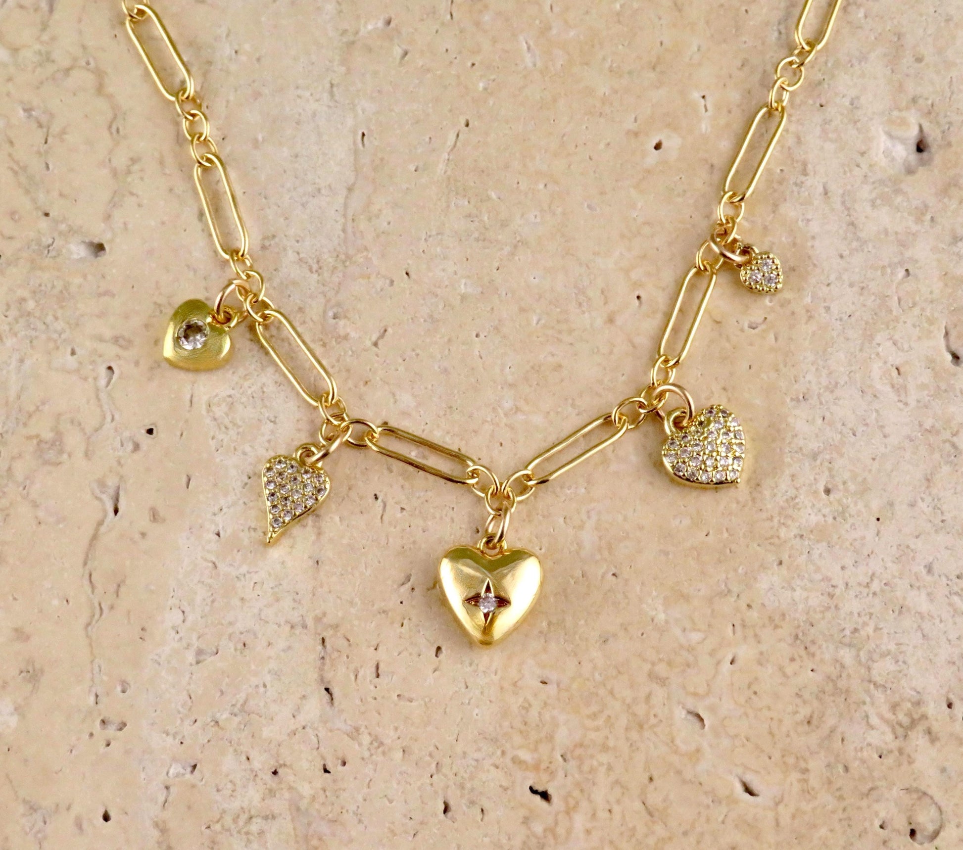 Multi Heart Necklace | Gold Sweet Heart Charm Necklace | Five Hearts Necklace | Minimal Gold Hearts | Gold CZ Hearts