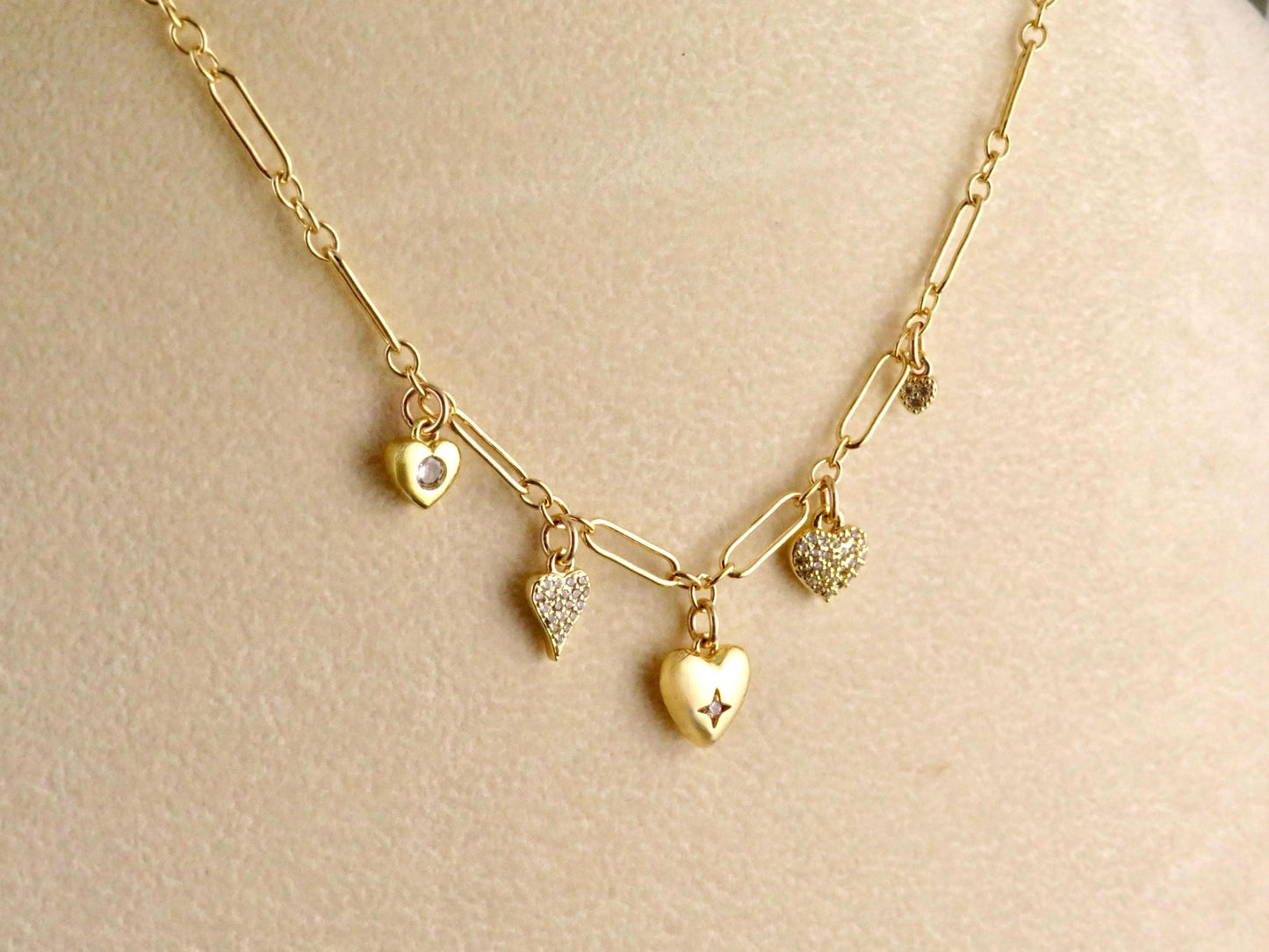 Multi Heart Necklace | Gold Sweet Heart Charm Necklace | Five Hearts Necklace | Minimal Gold Hearts | Gold CZ Hearts