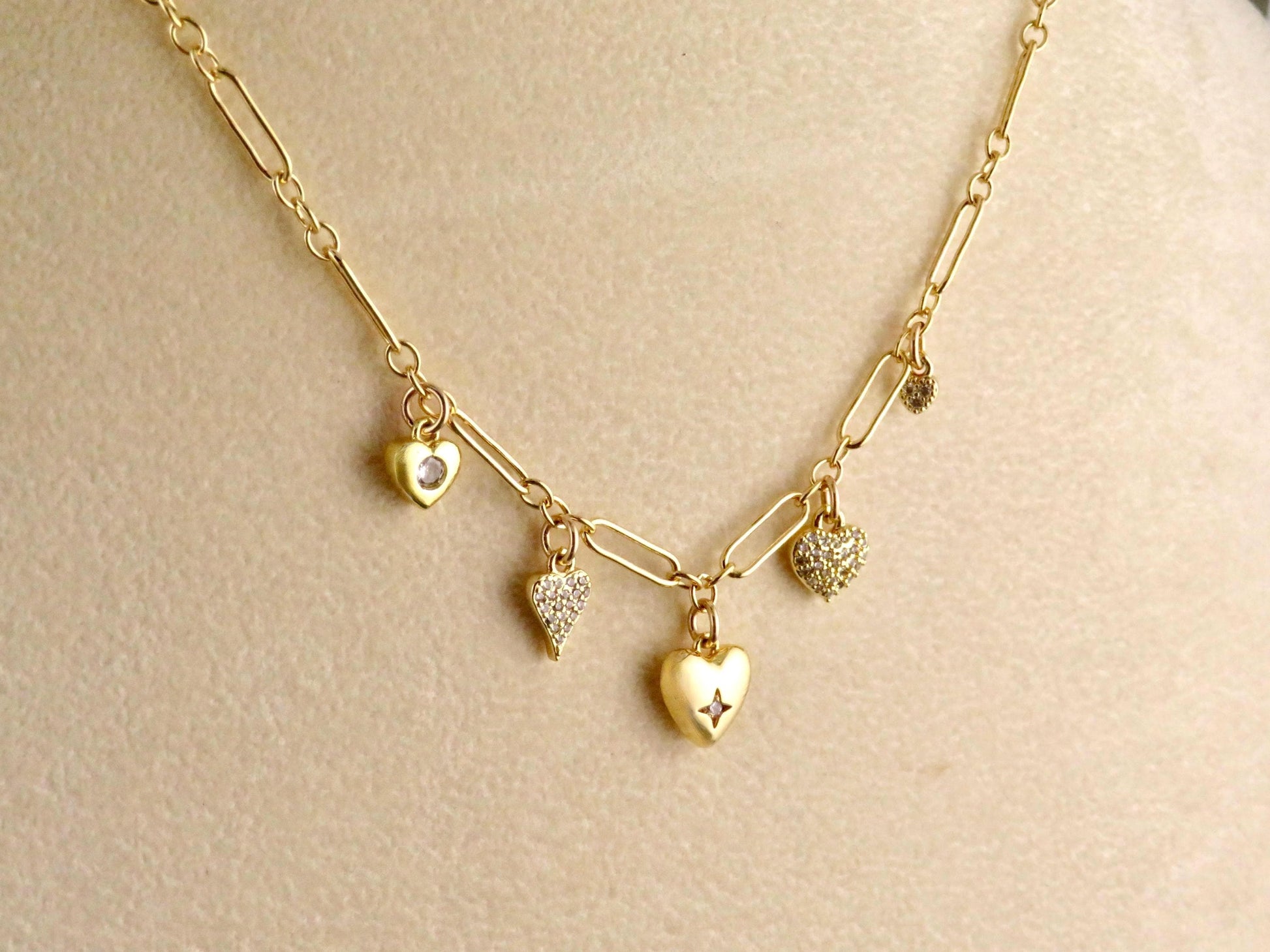 Multi Heart Necklace | Gold Sweet Heart Charm Necklace | Five Hearts Necklace | Minimal Gold Hearts | Gold CZ Hearts