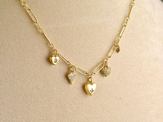 Multi Heart Necklace | Gold Sweet Heart Charm Necklace | Five Hearts Necklace | Minimal Gold Hearts | Gold CZ Hearts