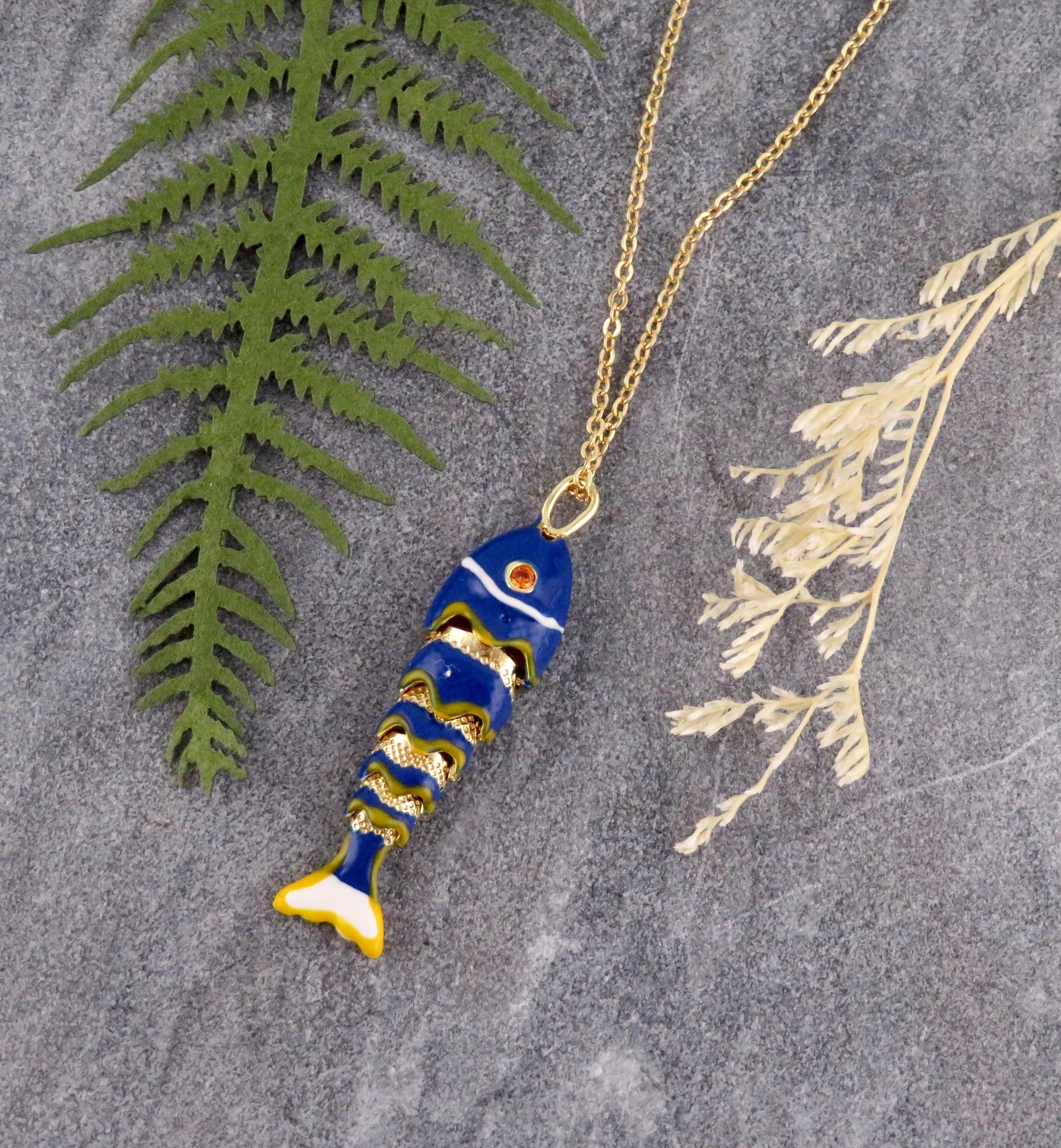 Colorful Fish Necklace | Enamel Gold Fish | Gold Articulated Fish Pendant | Sea Life Necklace