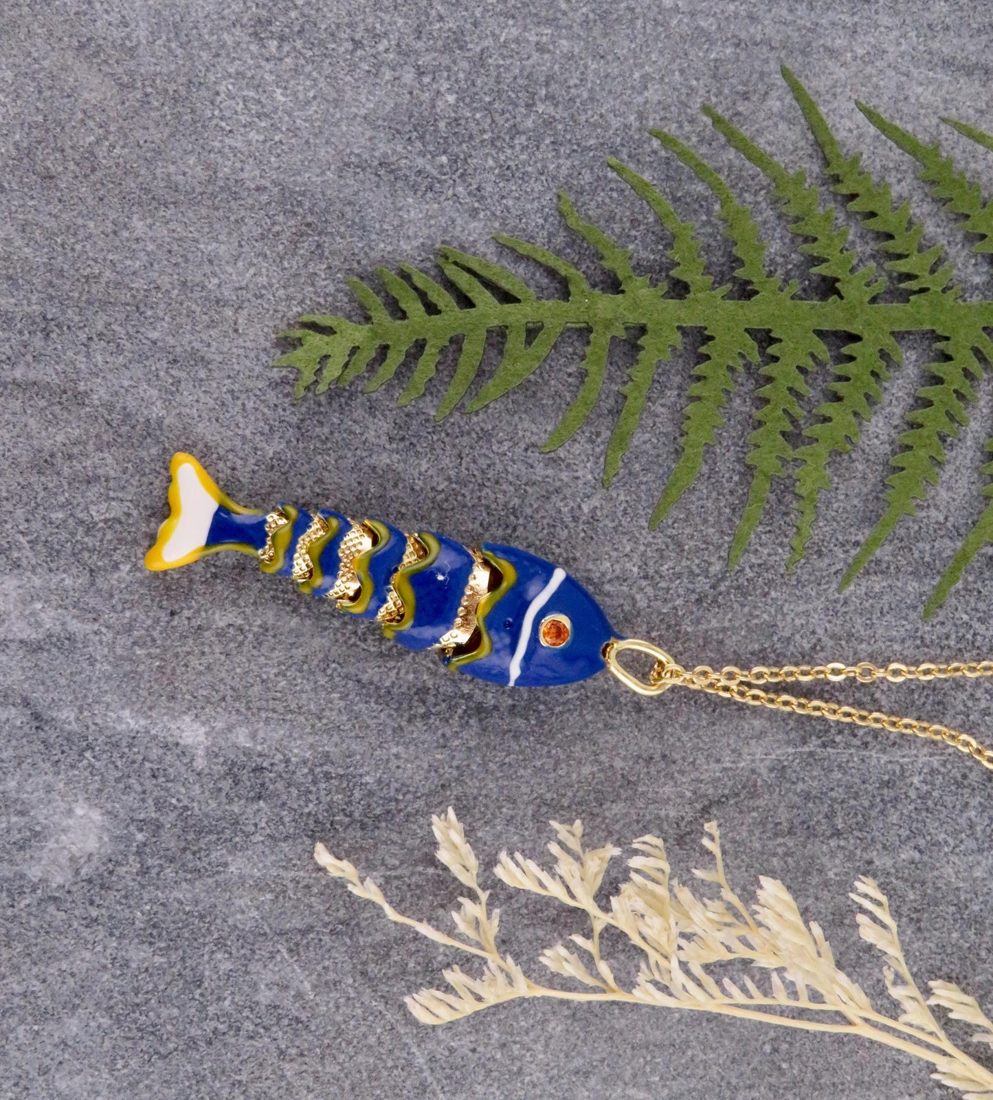 Colorful Fish Necklace | Enamel Gold Fish | Gold Articulated Fish Pendant | Sea Life Necklace