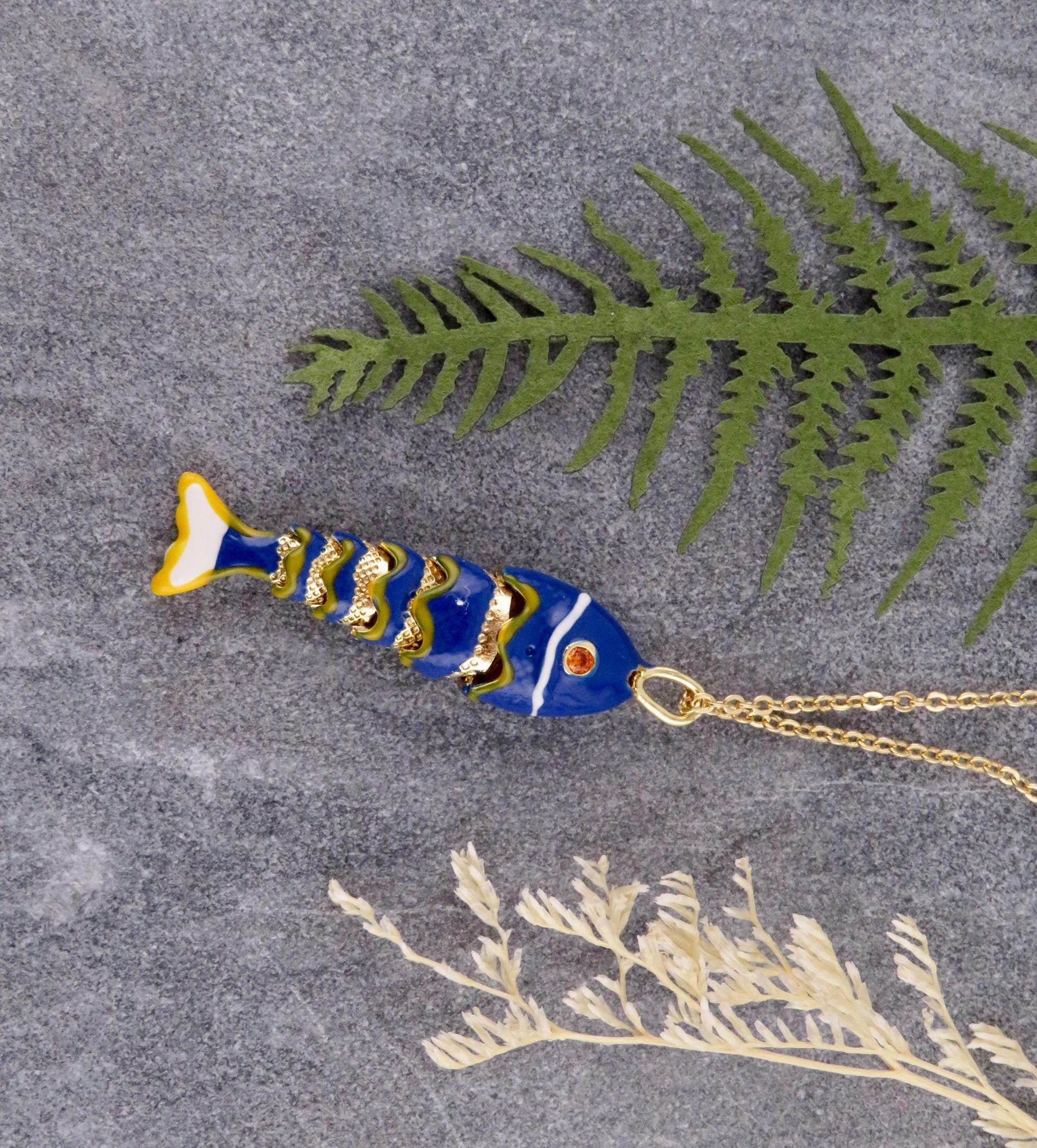 Colorful Fish Necklace | Enamel Gold Fish | Gold Articulated Fish Pendant | Sea Life Necklace