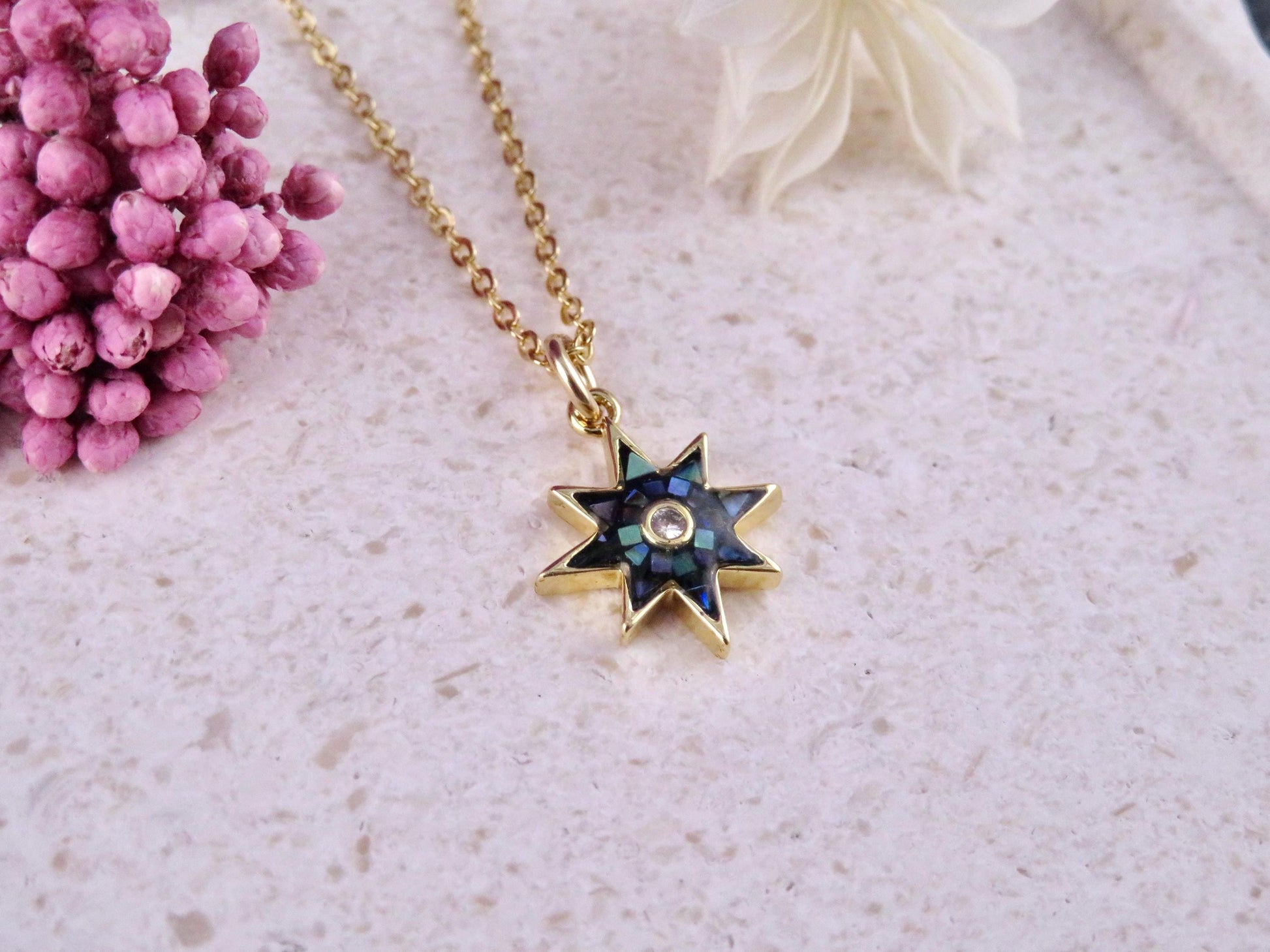 Gold Star Necklace | Mosaic Pearl Charm | Mother of Pearl Pendant | Dark Pearl Necklace | Opalescent Charm