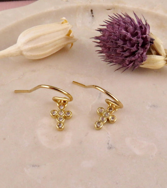 Tiny Gold Cross Earrings | Gold Filled Mini Cross Earrings | CZ Small Cross | Sweet Little Crosses