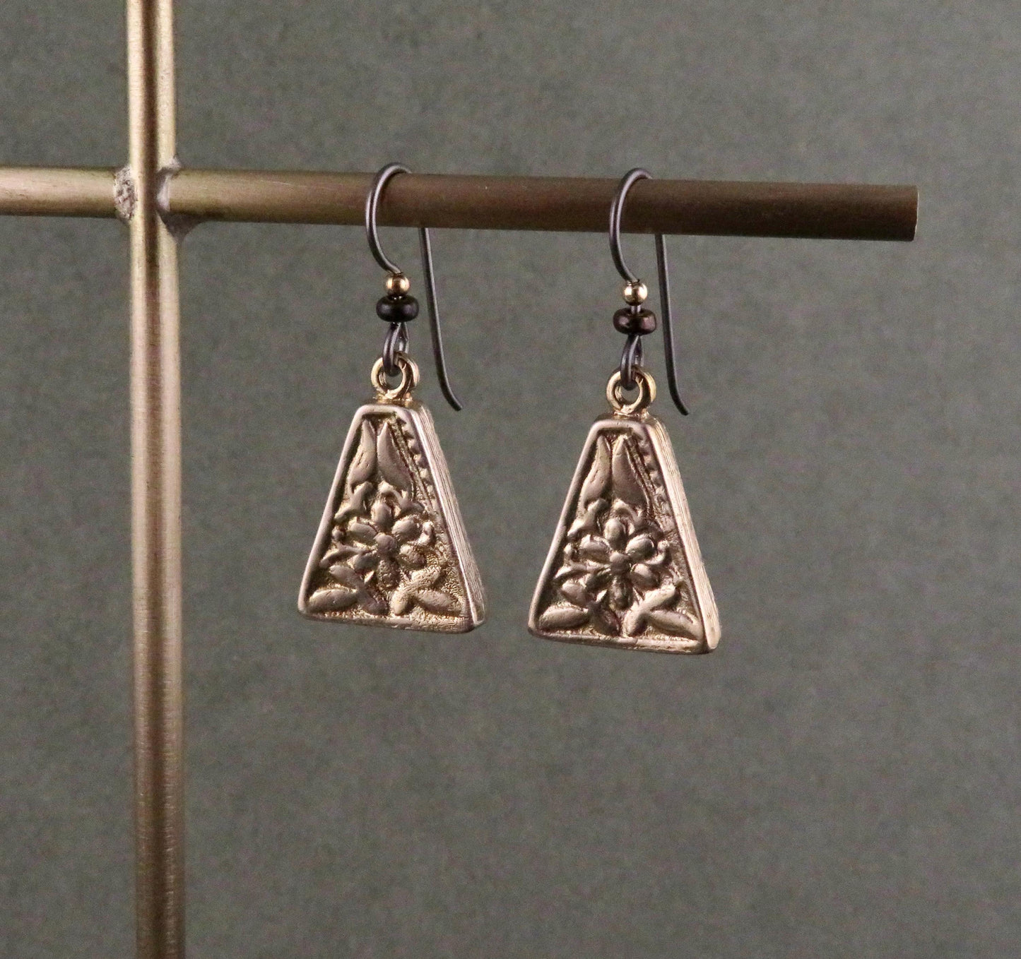 Gold Nature Earrings | Bronze Floral Pendants | Gold Rustic Hoop Earrings | Triangle Earrings Unique | Organic Design