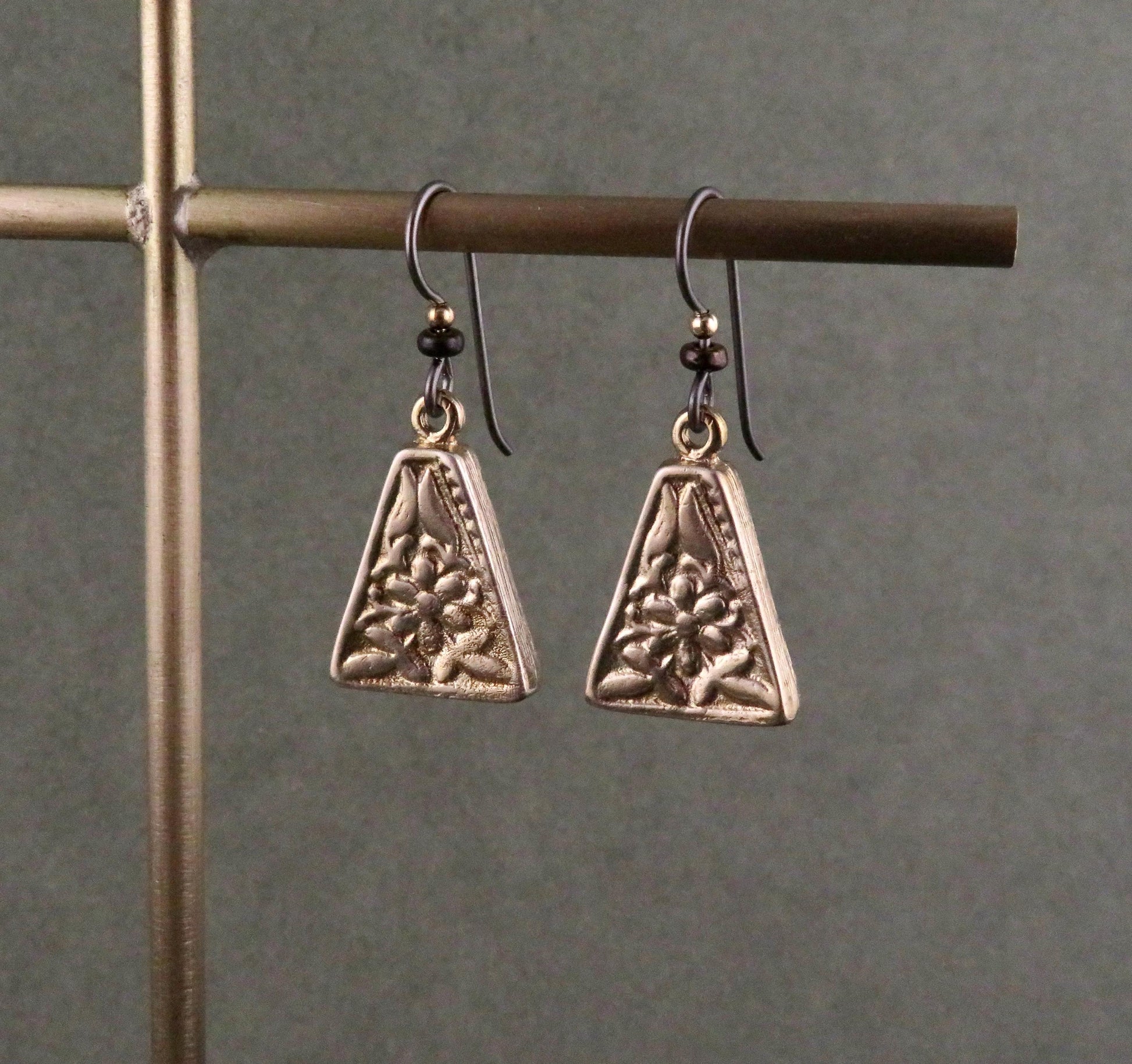 Gold Nature Earrings | Bronze Floral Pendants | Gold Rustic Hoop Earrings | Triangle Earrings Unique | Organic Design