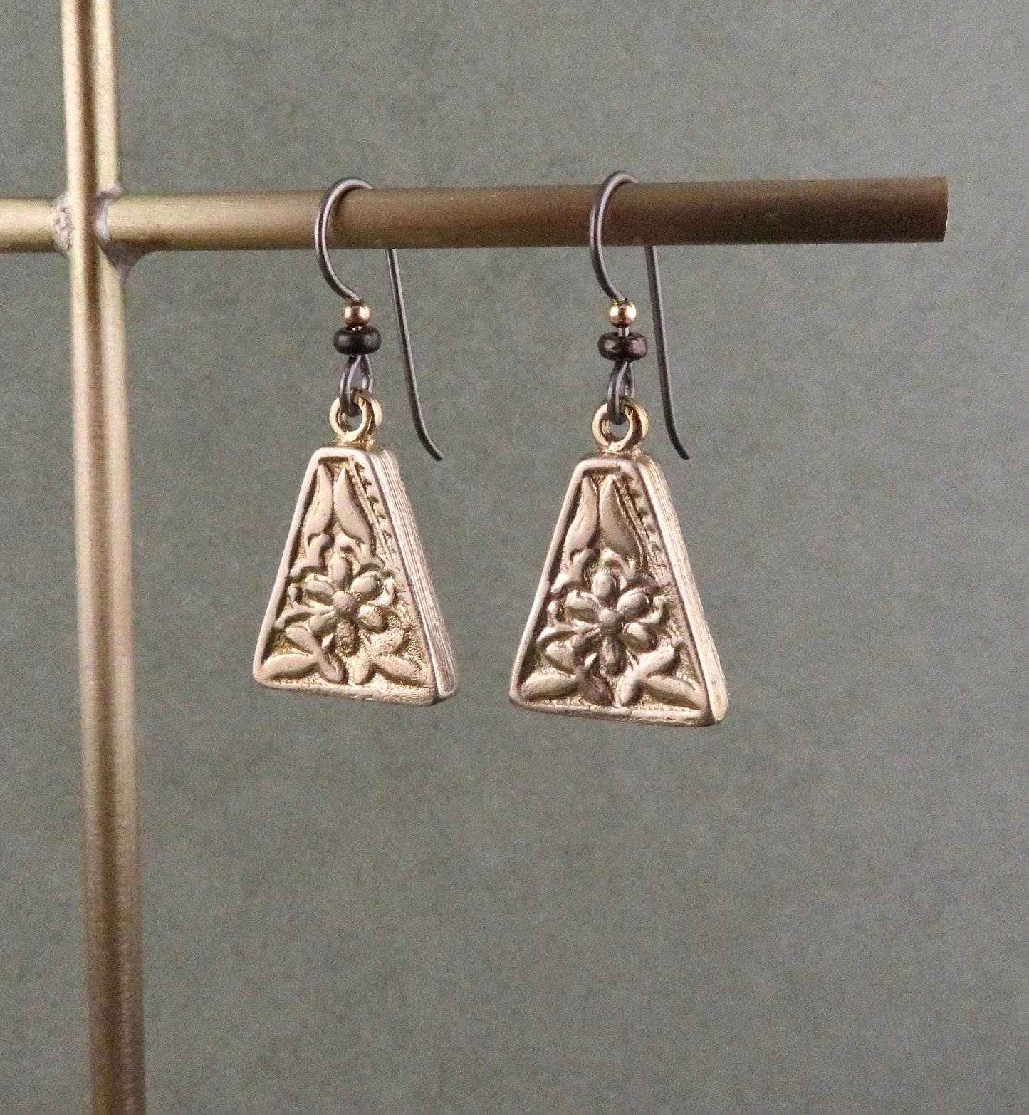 Gold Nature Earrings | Bronze Floral Pendants | Gold Rustic Hoop Earrings | Triangle Earrings Unique | Organic Design