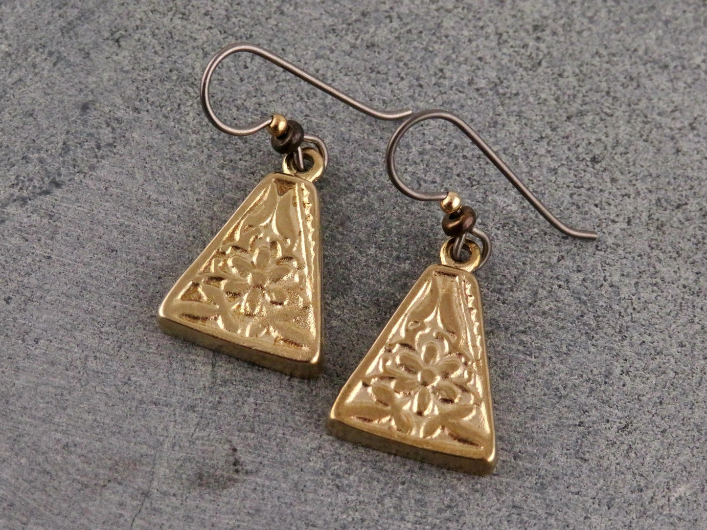 Gold Nature Earrings | Bronze Floral Pendants | Gold Rustic Hoop Earrings | Triangle Earrings Unique | Organic Design
