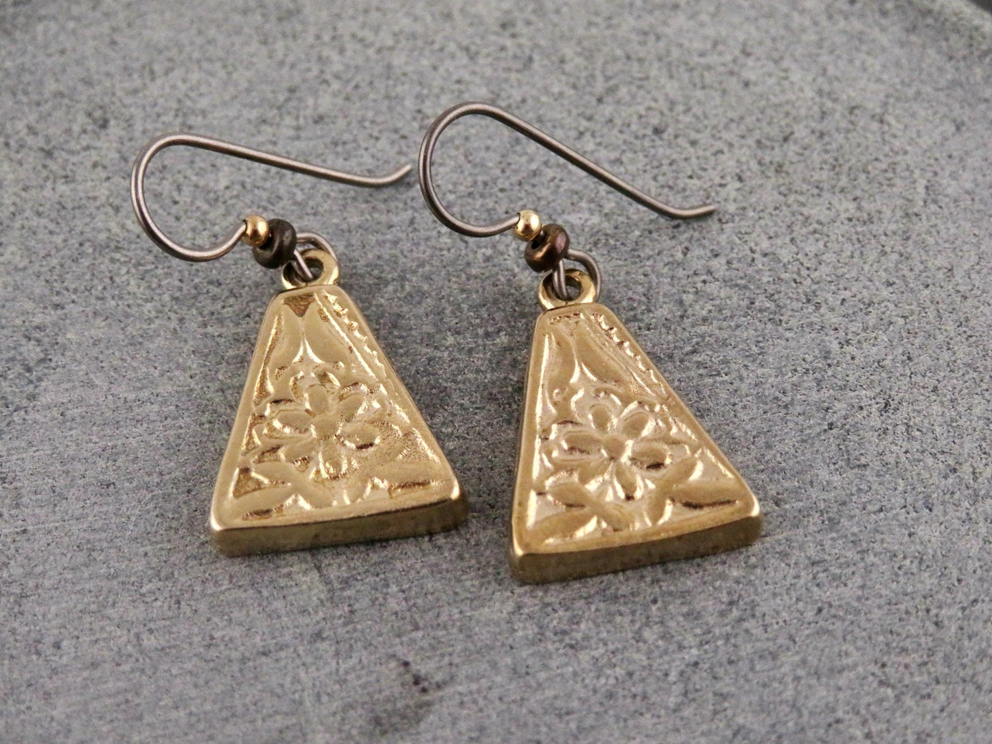 Gold Nature Earrings | Bronze Floral Pendants | Gold Rustic Hoop Earrings | Triangle Earrings Unique | Organic Design