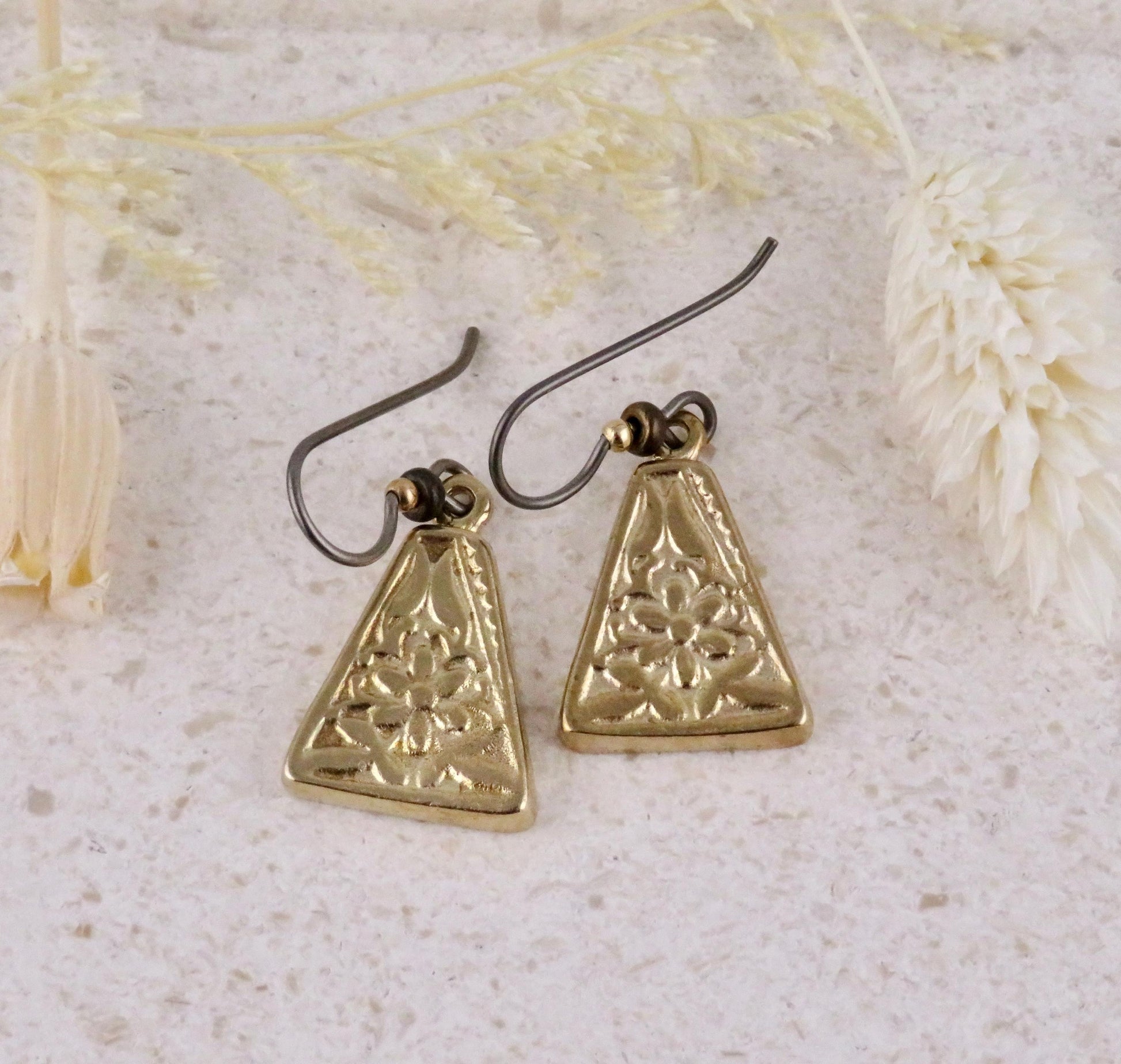 Gold Nature Earrings | Bronze Floral Pendants | Gold Rustic Hoop Earrings | Triangle Earrings Unique | Organic Design