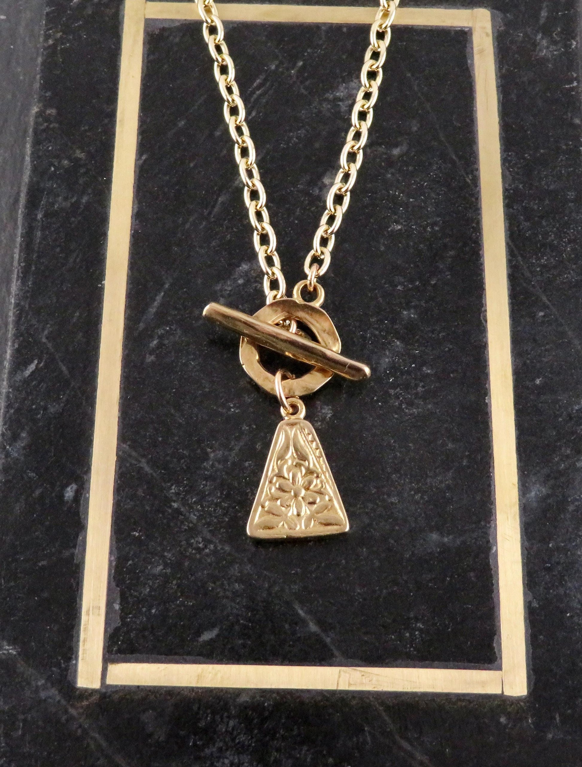 Gold Nature Necklace | Bronze Floral Pendant | Gold Rustic Flower Charm | Triangle Unique | Organic Necklace