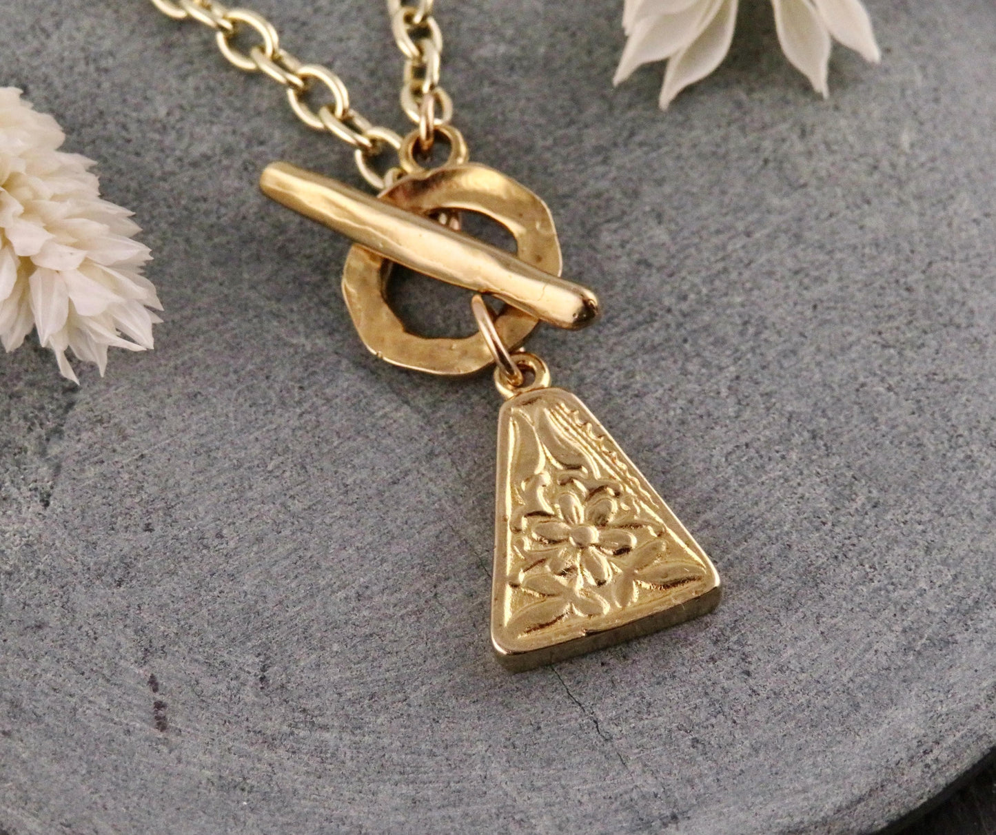 Gold Nature Necklace | Bronze Floral Pendant | Gold Rustic Flower Charm | Triangle Unique | Organic Necklace