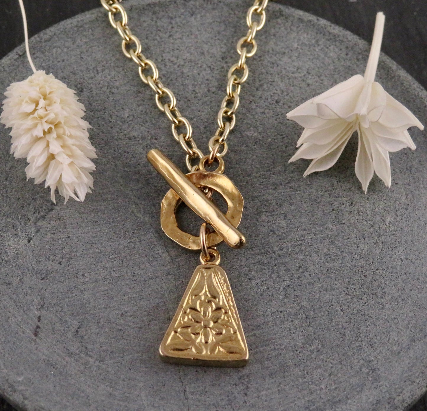 Gold Nature Necklace | Bronze Floral Pendant | Gold Rustic Flower Charm | Triangle Unique | Organic Necklace