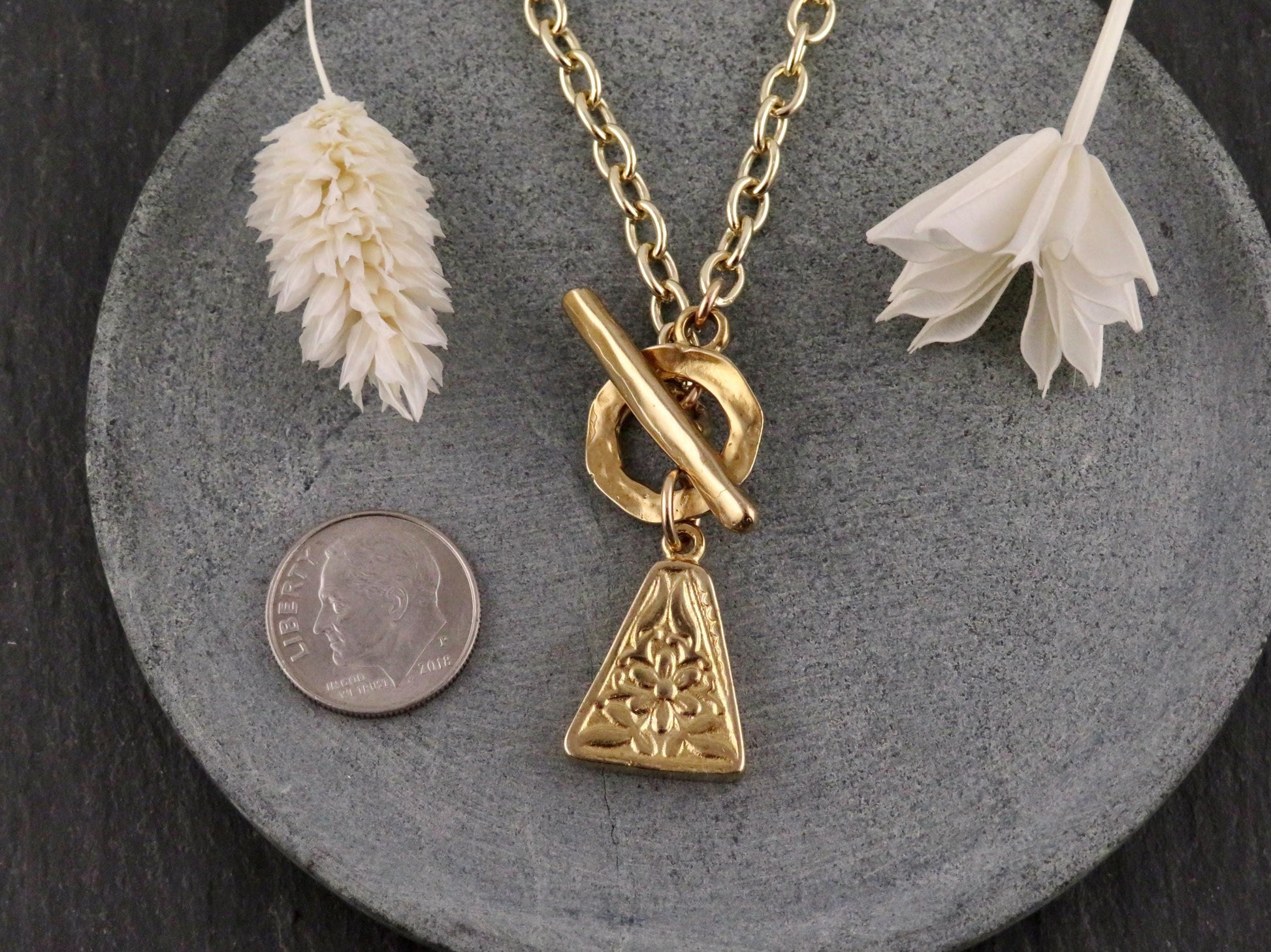 Gold Nature Necklace | Bronze Floral Pendant | Gold Rustic Flower Charm | Triangle Unique | Organic Necklace