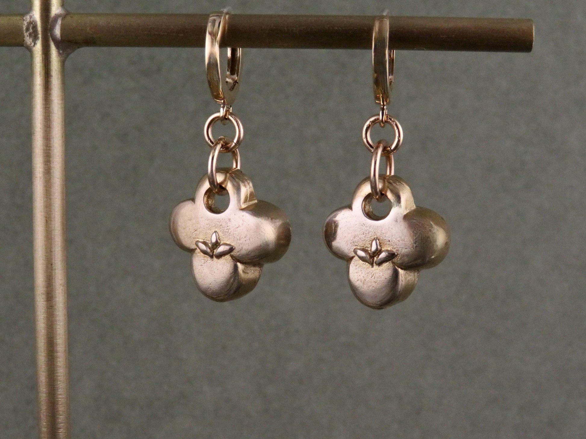 Gold Natural Earrings | Bronze Floral Hoops | Gold Rustic Hoops | Gold Clover Earrings | Organic Hoops | Quatrefoil Charms