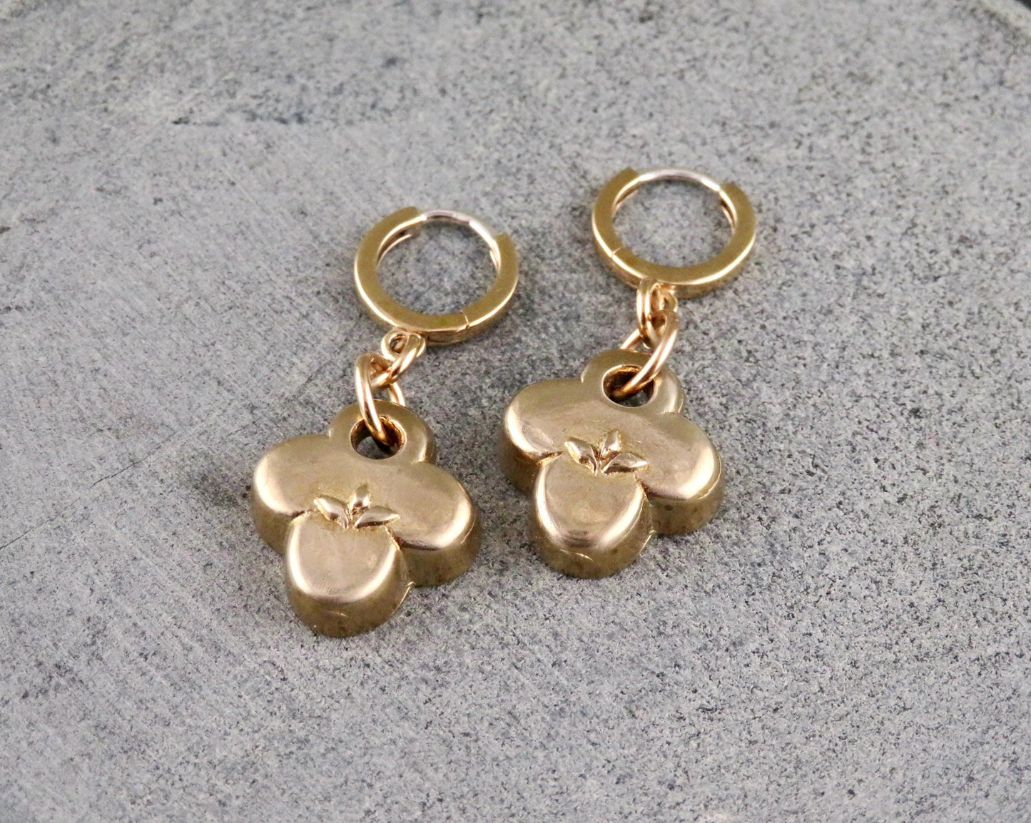 Gold Natural Earrings | Bronze Floral Hoops | Gold Rustic Hoops | Gold Clover Earrings | Organic Hoops | Quatrefoil Charms