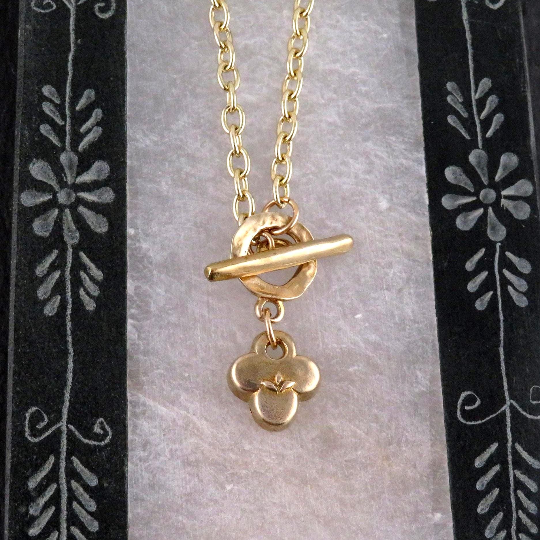 Gold Natural Necklace | Bronze Floral Pendant | Gold Rustic Charm | Gold Clover Necklace | Organic Gold | Quatrefoil Gold Pendant