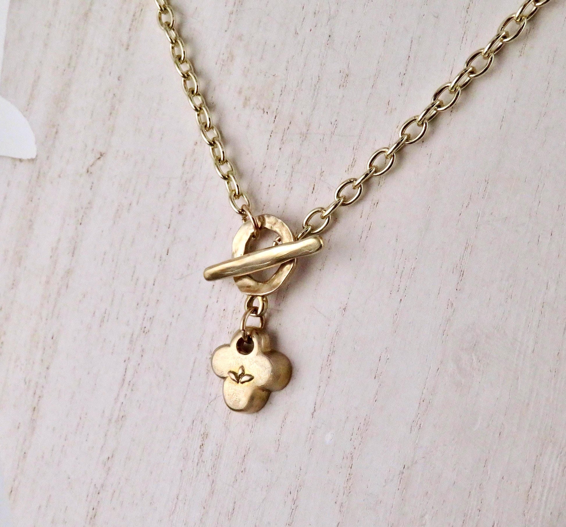 Gold Natural Necklace | Bronze Floral Pendant | Gold Rustic Charm | Gold Clover Necklace | Organic Gold | Quatrefoil Gold Pendant