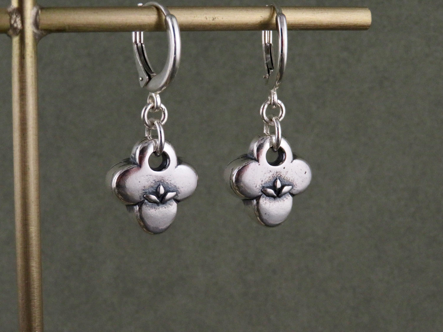 Silver Natural Earrings | Sterling Floral Hoops | Silver Rustic Hoops | Sterling Clover Earrings | Organic Hoops | Quatrefoil Charms