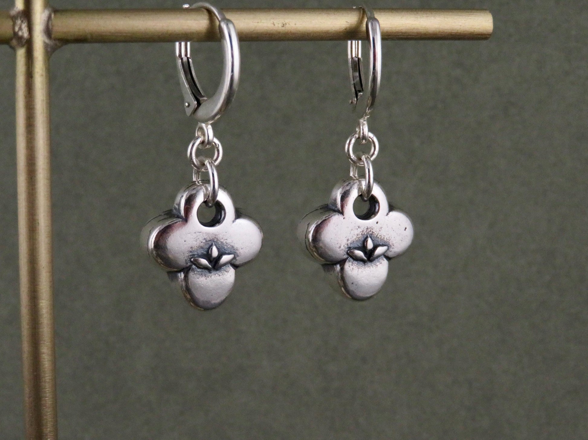 Silver Natural Earrings | Sterling Floral Hoops | Silver Rustic Hoops | Sterling Clover Earrings | Organic Hoops | Quatrefoil Charms