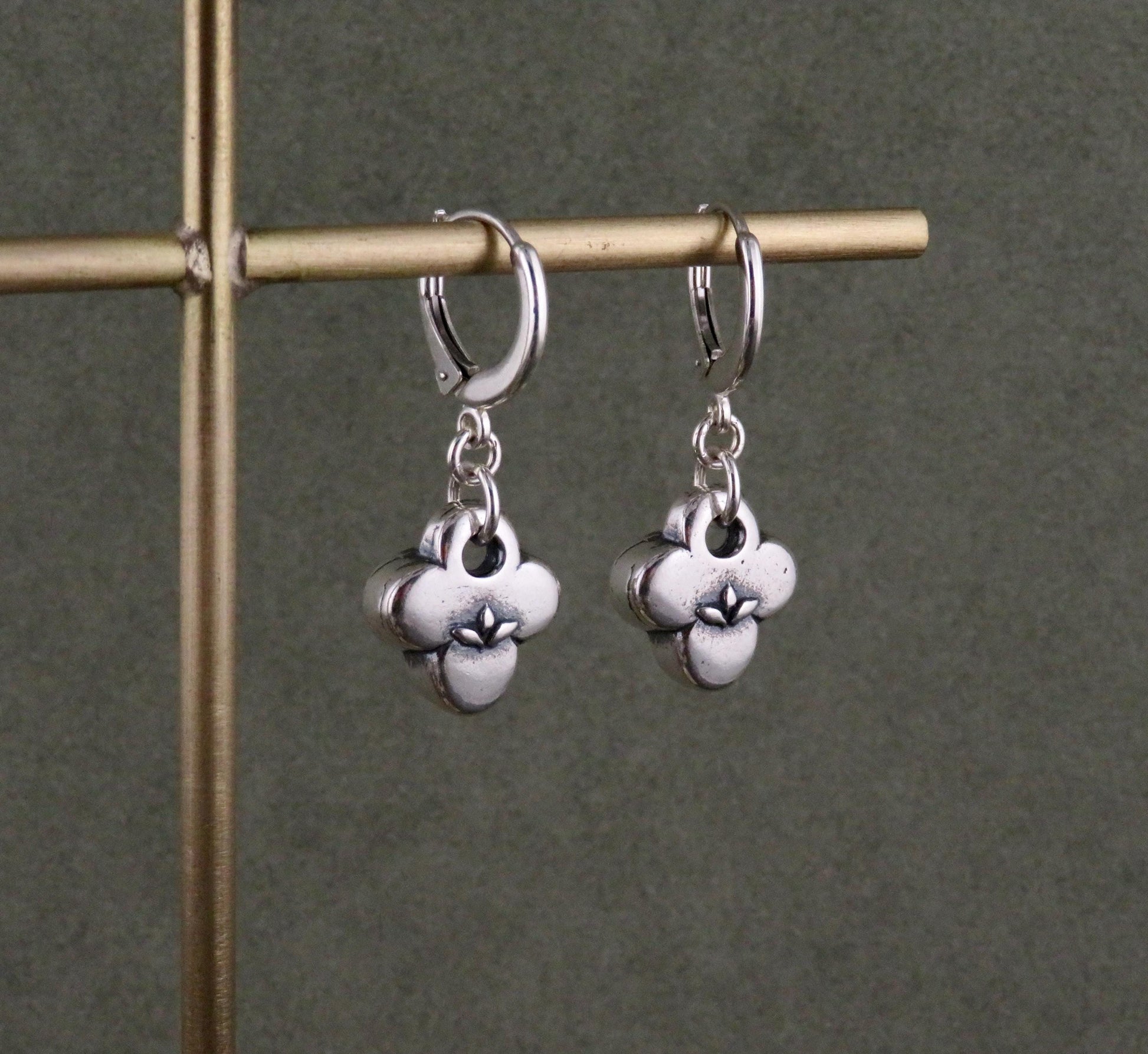 Silver Natural Earrings | Sterling Floral Hoops | Silver Rustic Hoops | Sterling Clover Earrings | Organic Hoops | Quatrefoil Charms