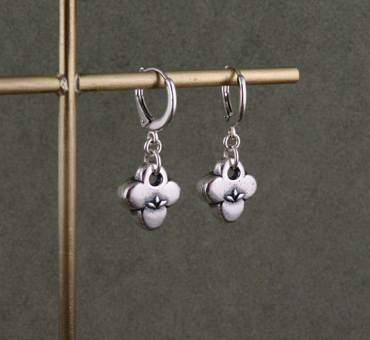 Silver Natural Earrings | Sterling Floral Hoops | Silver Rustic Hoops | Sterling Clover Earrings | Organic Hoops | Quatrefoil Charms