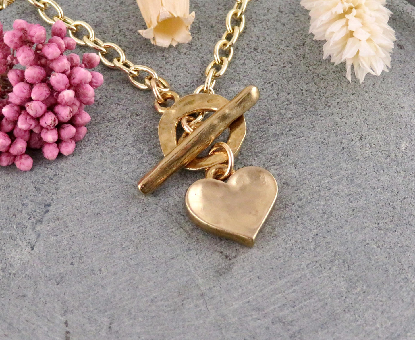 Gold Heart Necklace | Hammered Heart Pendant | Unique Gold Heart Necklace | Front Toggle Heart Necklace | Bronze Heart Charm