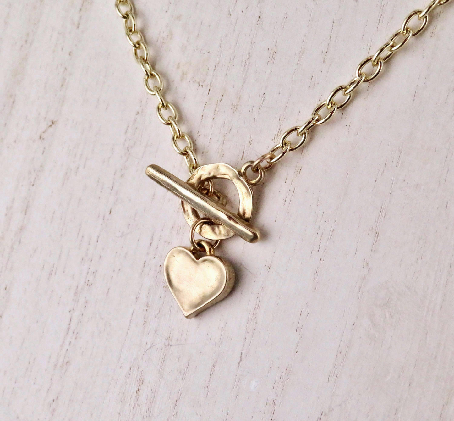 Gold Heart Necklace | Hammered Heart Pendant | Unique Gold Heart Necklace | Front Toggle Heart Necklace | Bronze Heart Charm