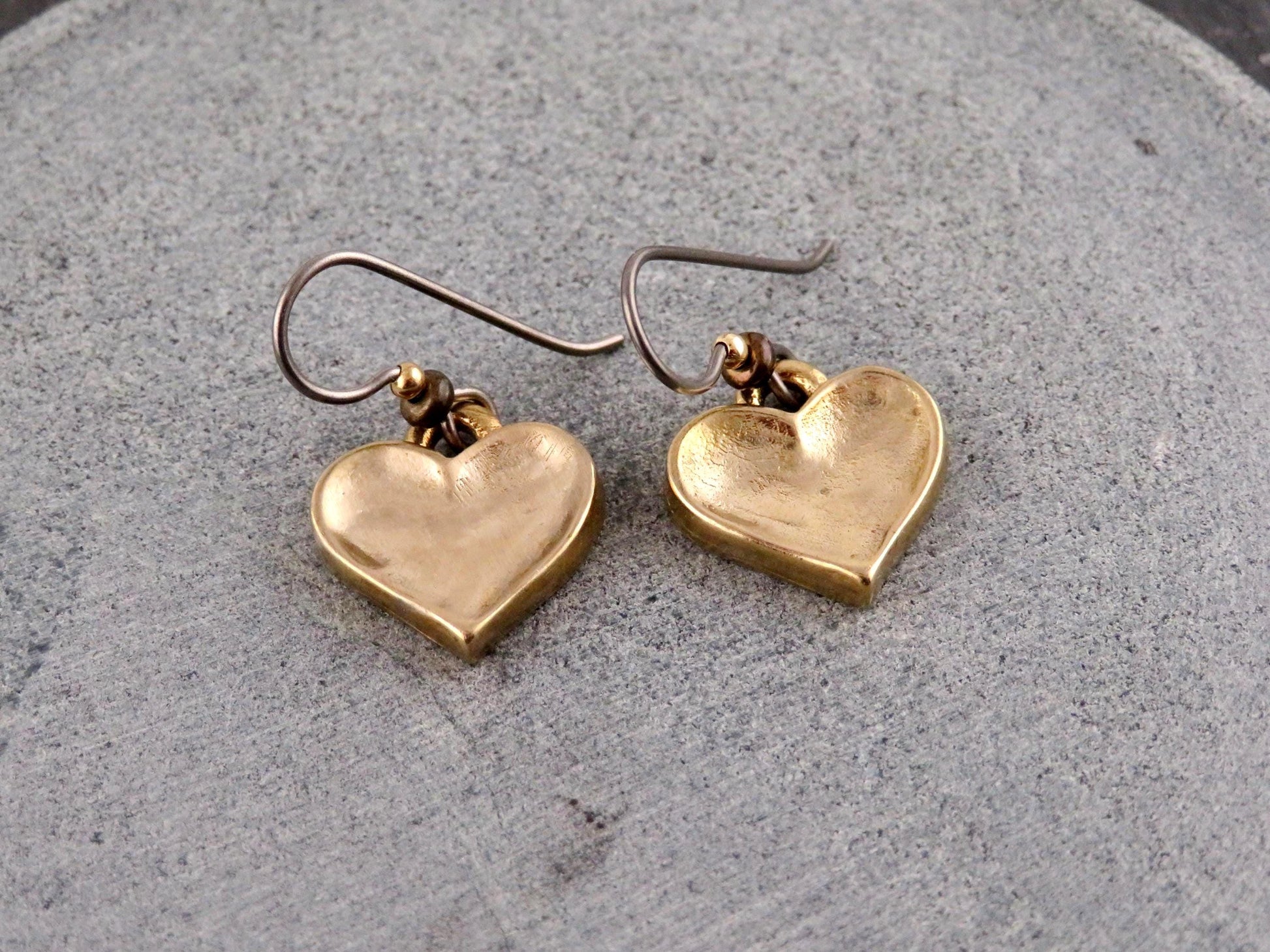 Gold Heart Earrings | Hammered Hearts | Unique Gold Hearts | Bronze Heart Charms