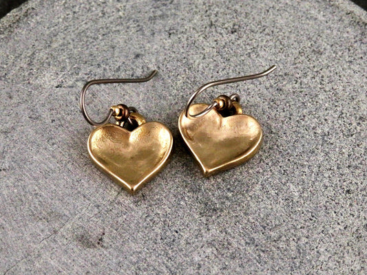 Gold Heart Earrings | Hammered Hearts | Unique Gold Hearts | Bronze Heart Charms