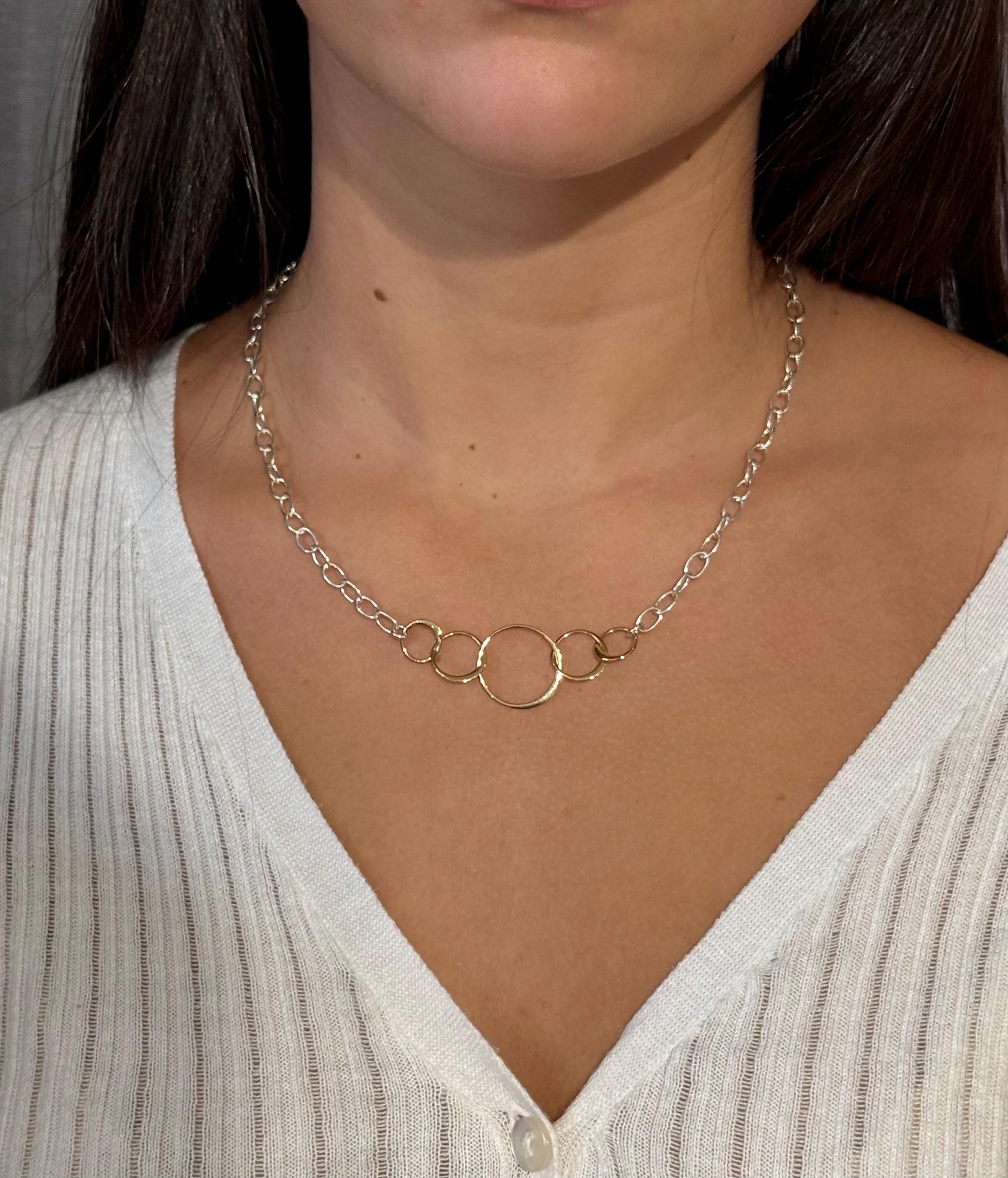 Mixed Metal Necklace | Gold Rings Necklace | Five Circles Necklace | Two Tone Links Necklace