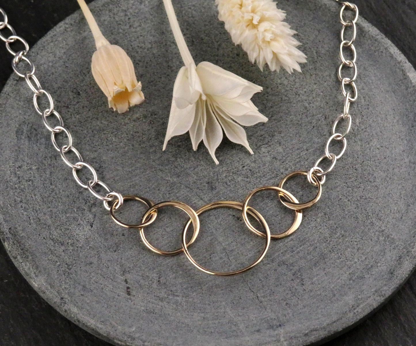 Mixed Metal Necklace | Gold Rings Necklace | Five Circles Necklace | Two Tone Links Necklace